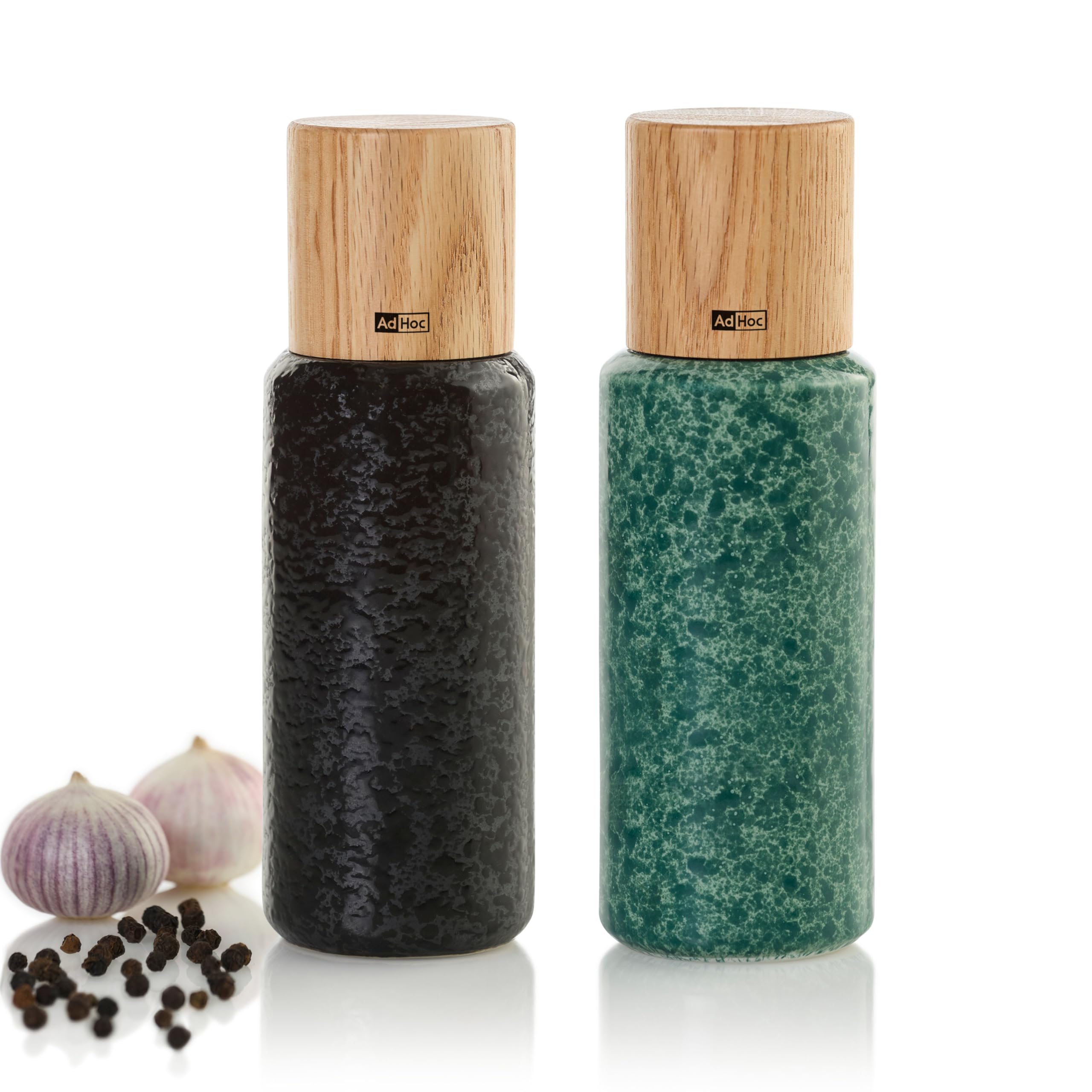 AdHoc MP610 Set aus Salzmühle und Pfeffermühle YARA 18 cm | langlebiges Mahlwerk & edles Gehäuse aus Keramik und Holz | Mahlergebnis fein bis grob | simple Bedienung & modernes Design (Black&Green)