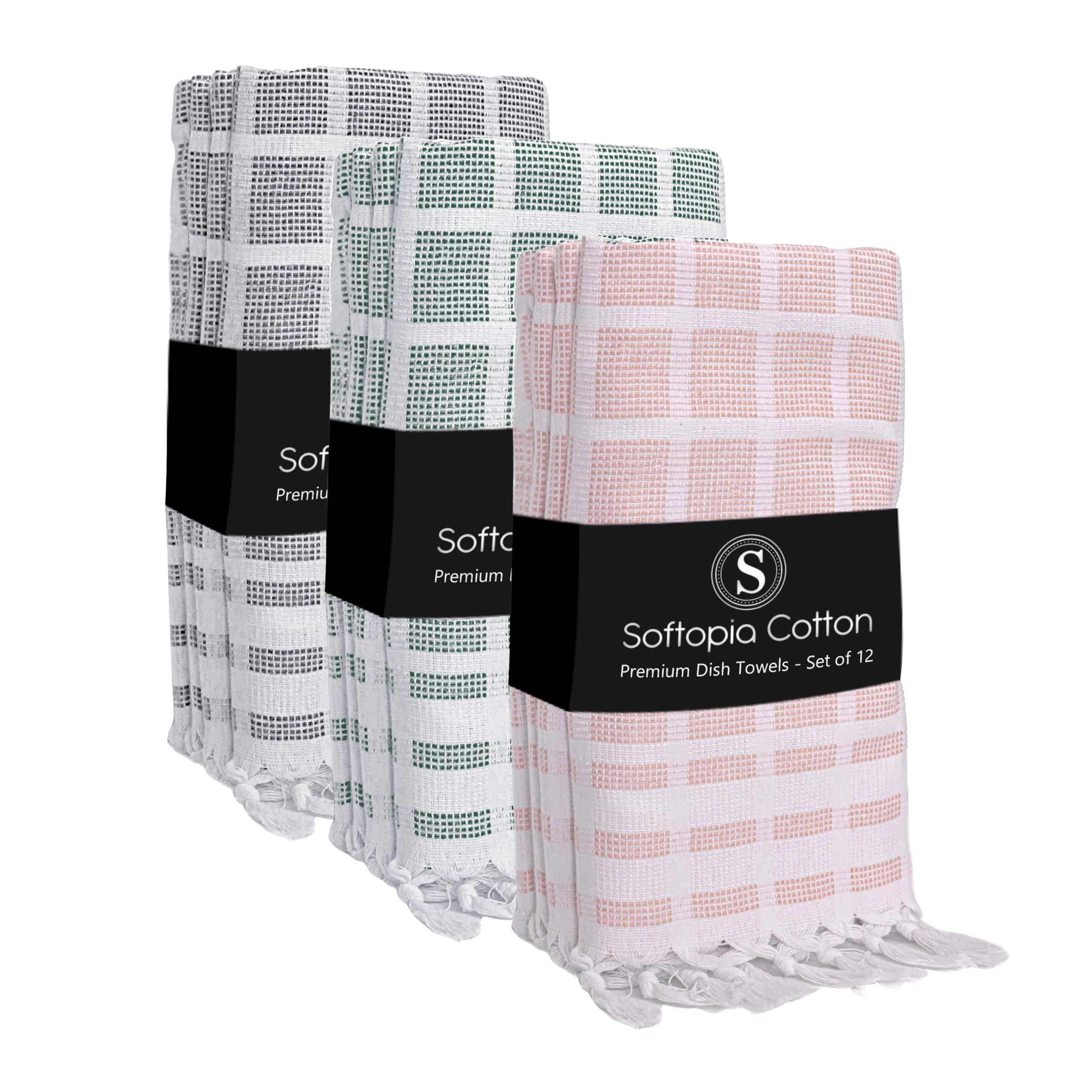 Matrix Dobby Kitchen Towels Set of 12, 100% Cotton, Combo Pack, 16"x26", Absorbent Tea Towels with Handmade Tassels, Reusable Cleaning Cloths - Beige, Forest Green, Grey