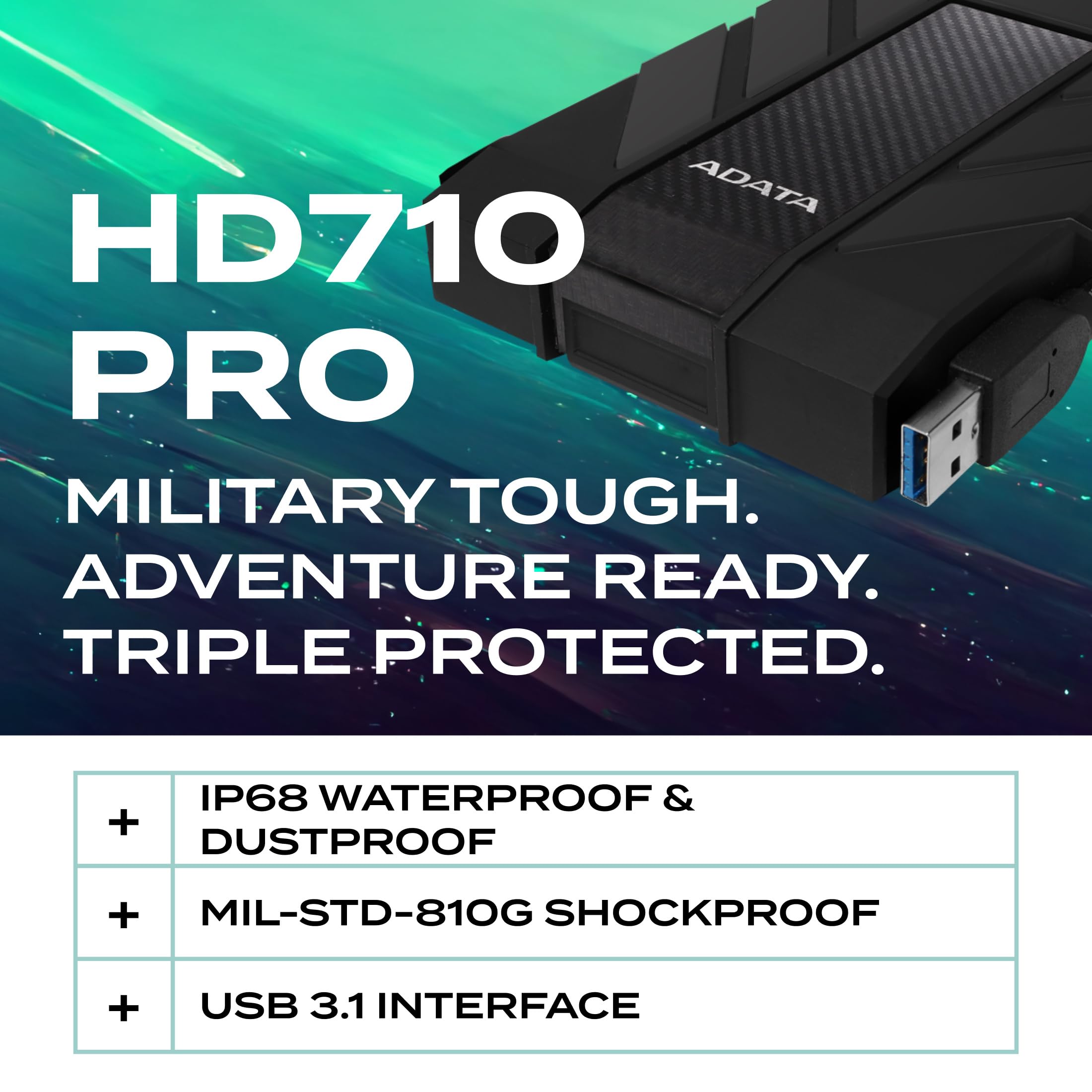 ADATA HD710 Pro - 2 TB External Hard Drive - Shockproof, Waterproof & Dustproof - Durable Storage - For Gamers, Students & Professionals - Mac, PC & Linux Compatible - Black - AHD710P-2TU31-CBK - 3