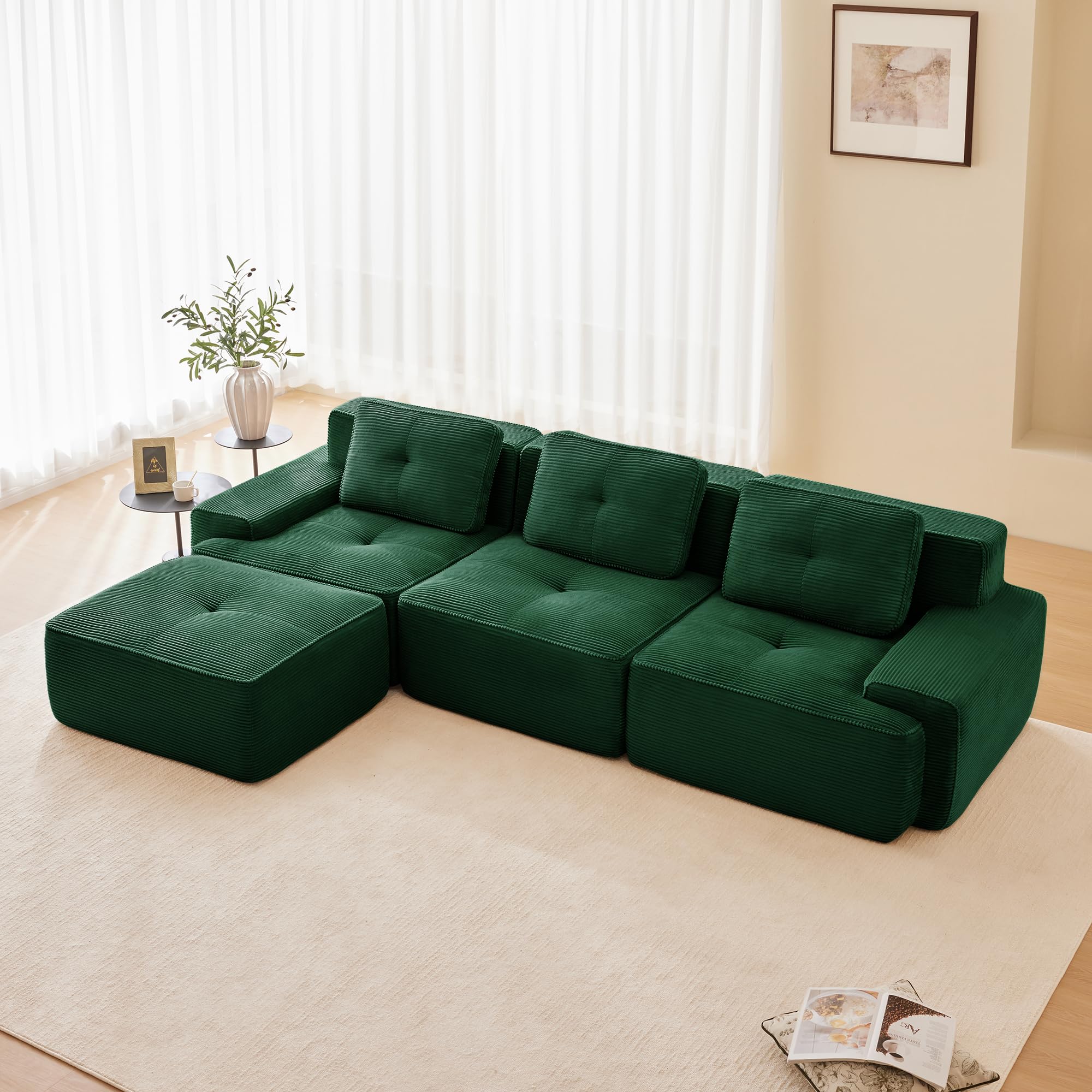 Dolamaní Boneless Sofá modular de 3 plazas + 1 taburete de pana, sin montaje, asiento profundo, moderno en forma de L, sofá esquinero para salón, dormitorio, oficina, apartamento (verde)