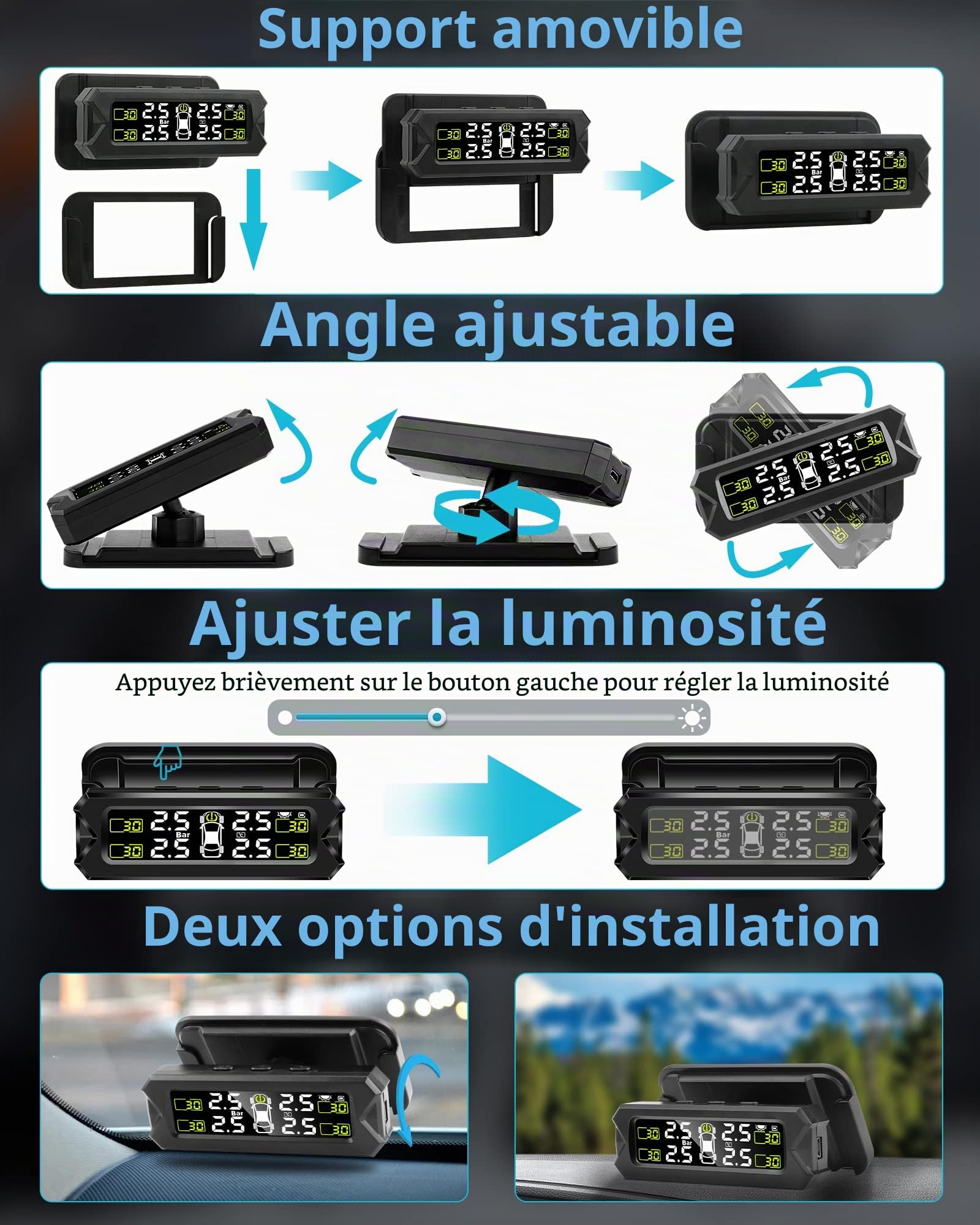 Système De Surveillance De La Pression Des Pneus Tpms Moniteur De Pression Des Pneus Réglable Et Amovible Solaire Avec 6 Modes D'alarme Et Détection Automatique En Temps Réel Pour Voiture 22-87 Psi