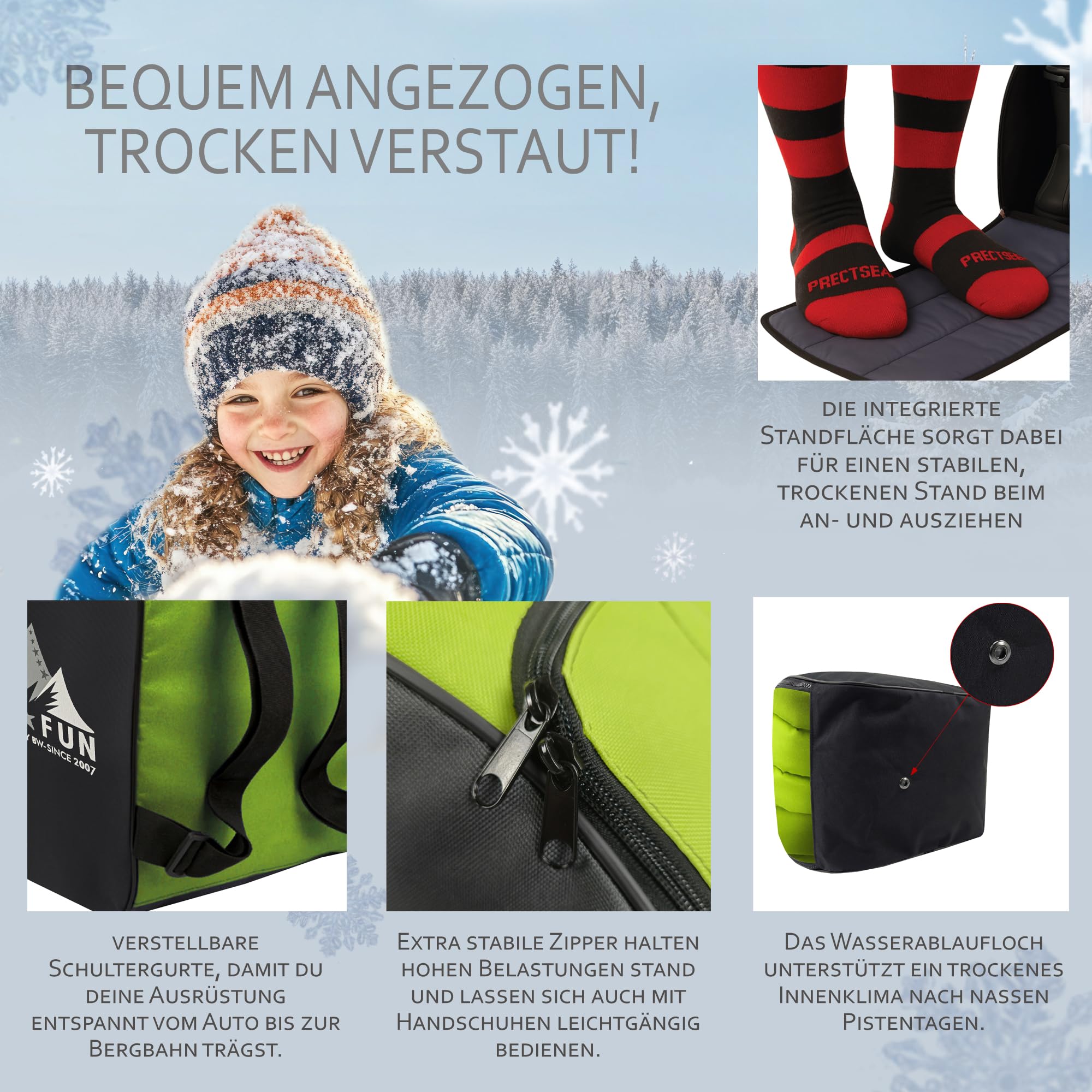 BambiniWelt Kinder Ski Set 125 cm Skitasche & Skischuhtasche Cordura, wasserdicht Skischuhrucksack Helmfach & Skibrillenfach – Skischule & Wintersport