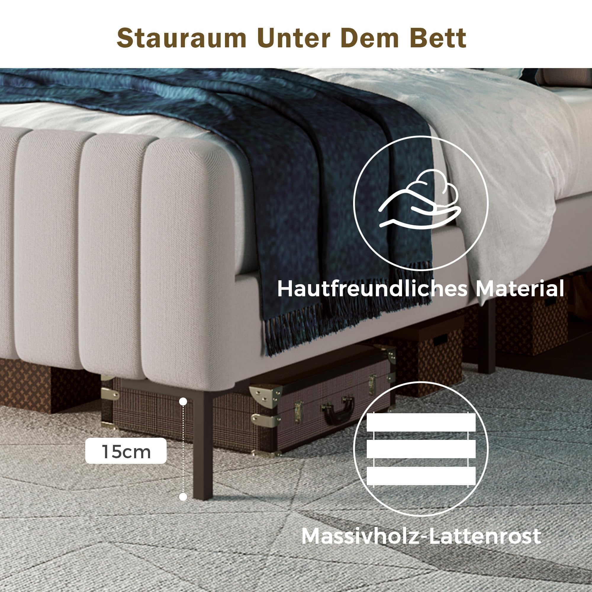 Kayan Polsterbett Doppelbett 180 x 200 cm, Bettgestell mit Lattenrost und Verstellbares Kopfteil, Lattenrost aus Holz, Leinen, Gepolstertes Bett in Beige&Grau (180 x 200 cm)