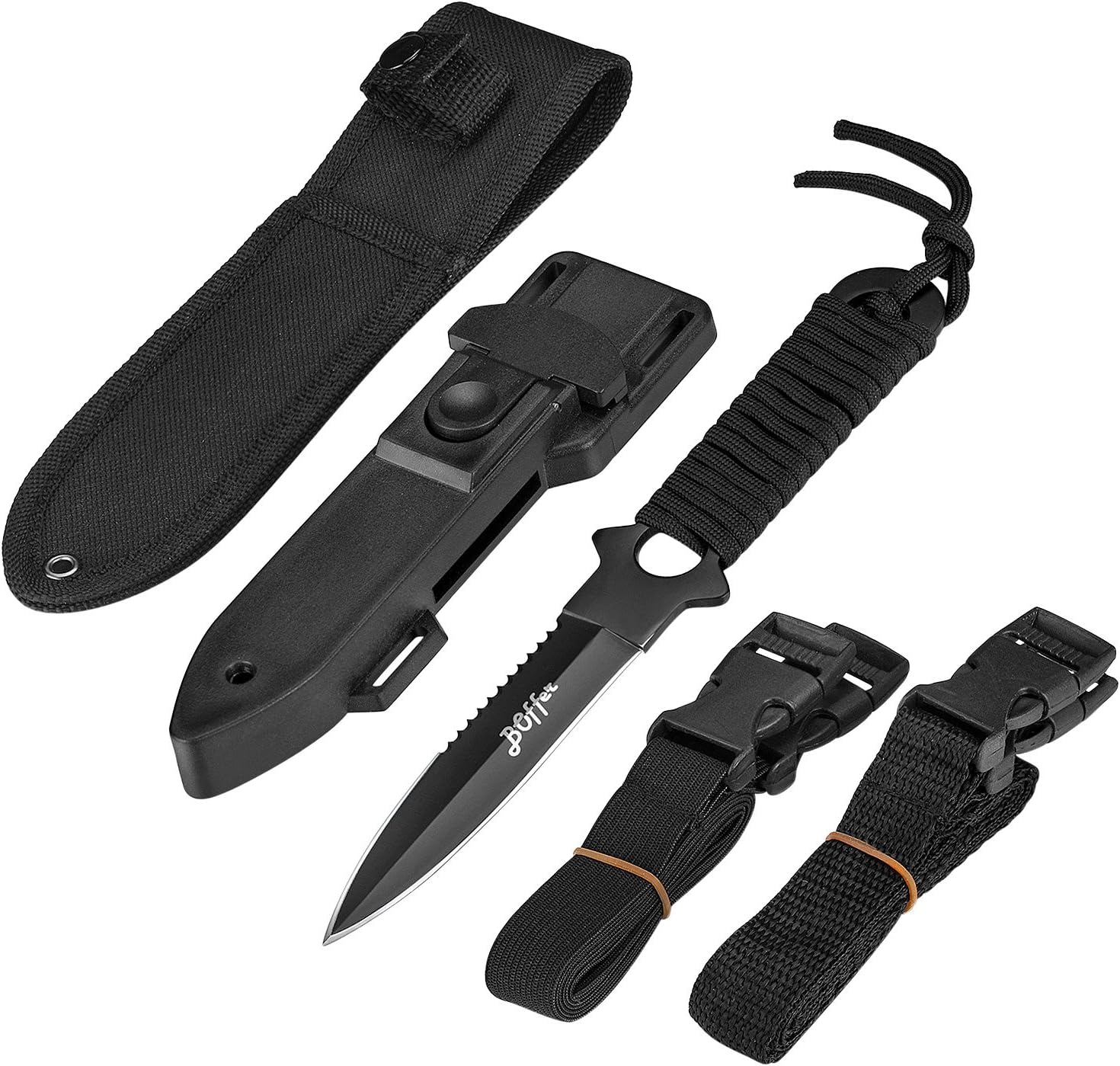 Dive Knife, Scuba Diving Knife with Sheath and Leg Strap, Black Tip Dive knife Double Edge with Nylon, ABS Sheaths and 2 Pairs Strap for Leg and Arm, Divers Sharp knives