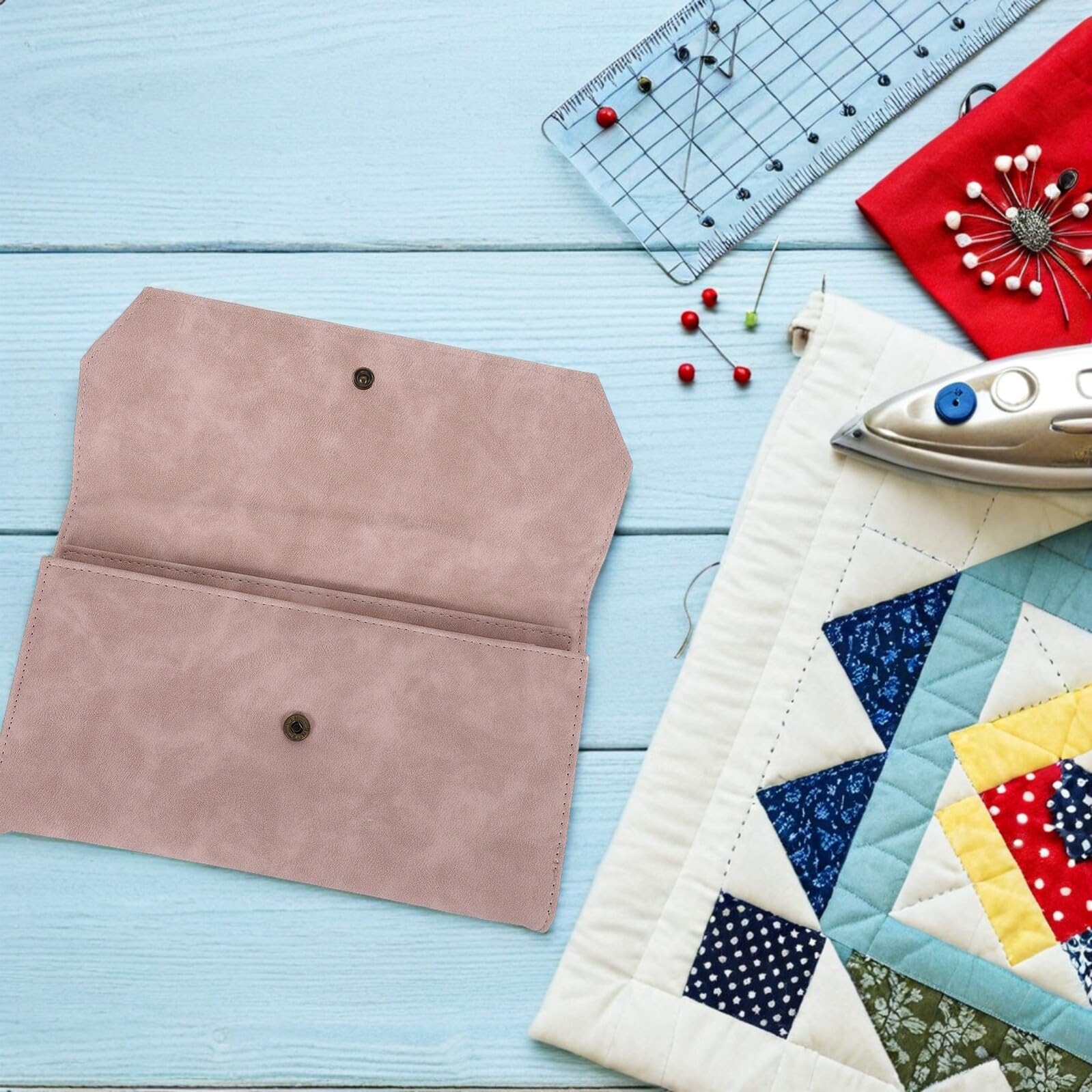 WRITWAA Bolsa para Agujas de Tejer Circulares Portátil de Cuero Sintético Azul Oscuro con 13 Ranuras Elásticas, Organizador para Ganchos de Crochet y Accesorios de Costura, Estuche
