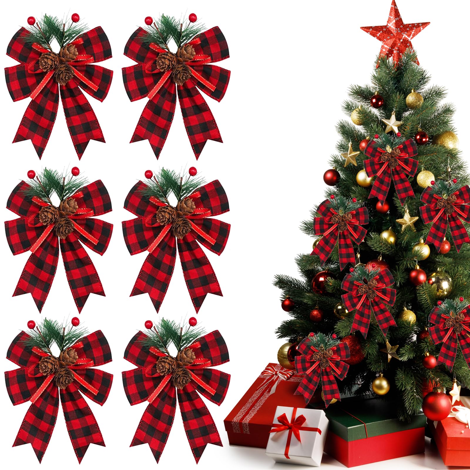 Juego de 6 Grandes Adornos de Lazo navideño, Adornos de Lazo navideño, Lazo de Navidad Rojo, Lazos de decoración navideña, Adornos para árboles de Navidad, árboles de Navidad, Casas