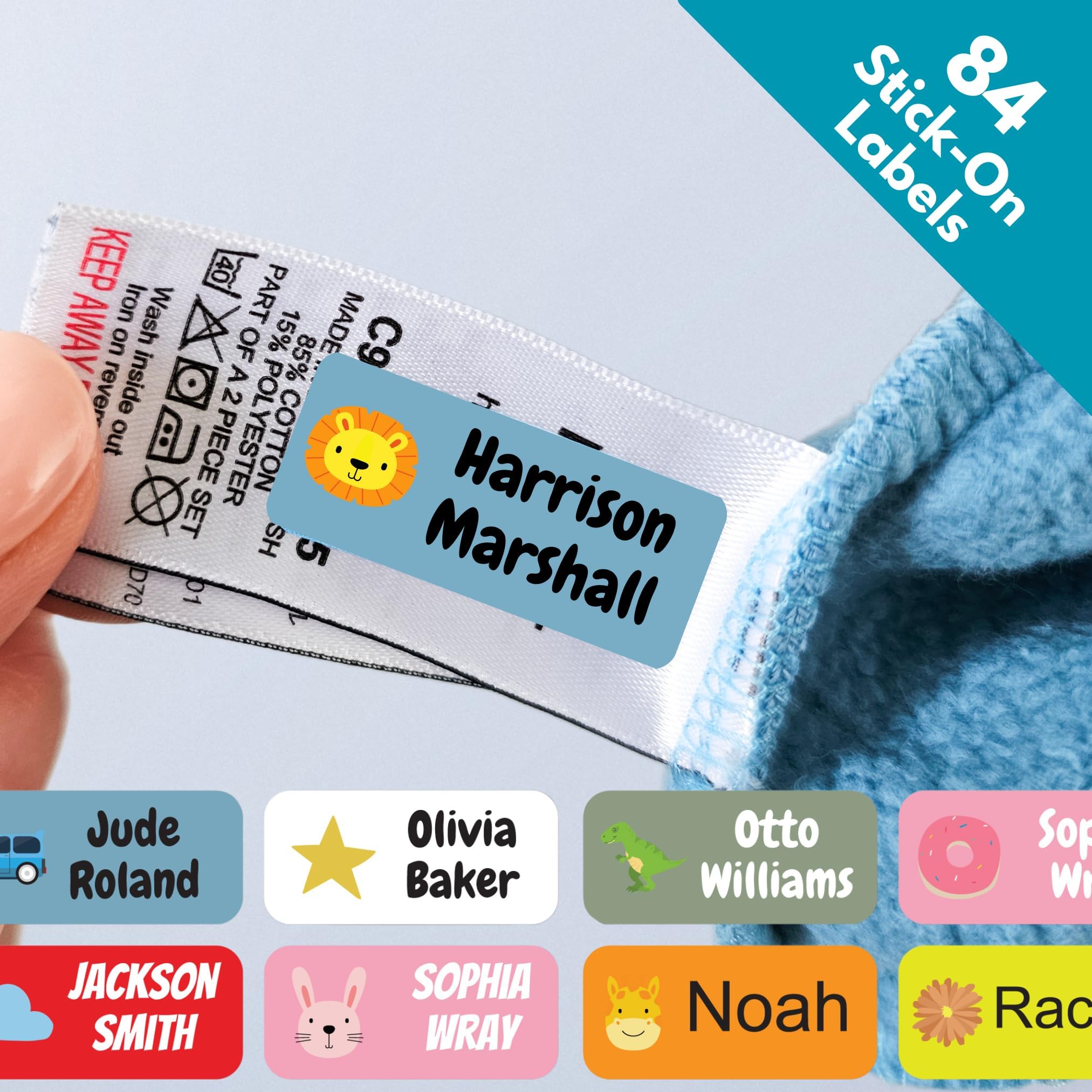QuoteMyWall x84 Stick On Washable Clothing Labels for School Uniform Clothes | No Iron Personalised Name Sticker Tags Kids, Care Home Customised Peel & Stick Children's Stationery (Blue)