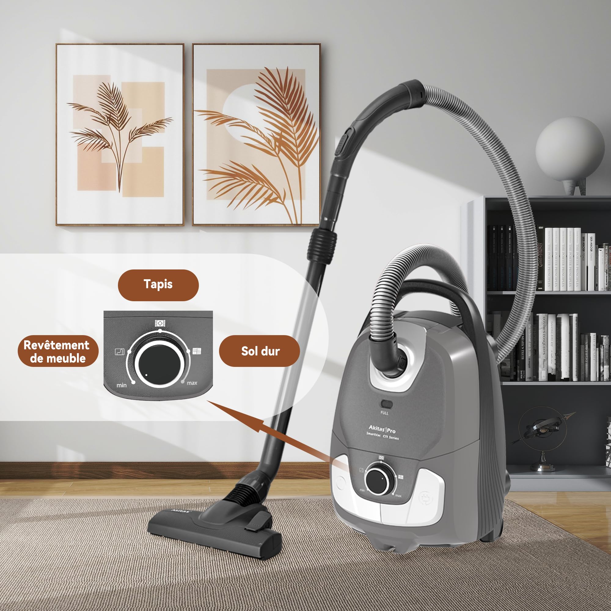 Akitas C11 Turbo 900W Aspirateur avec Sac Turbo Câble 7m, Aspiration Réglable Brosse Turbo Anti-Poils d’Animaux 4-en-1 pour Sols Durs et Moquettes Tête de Rechange Incluse