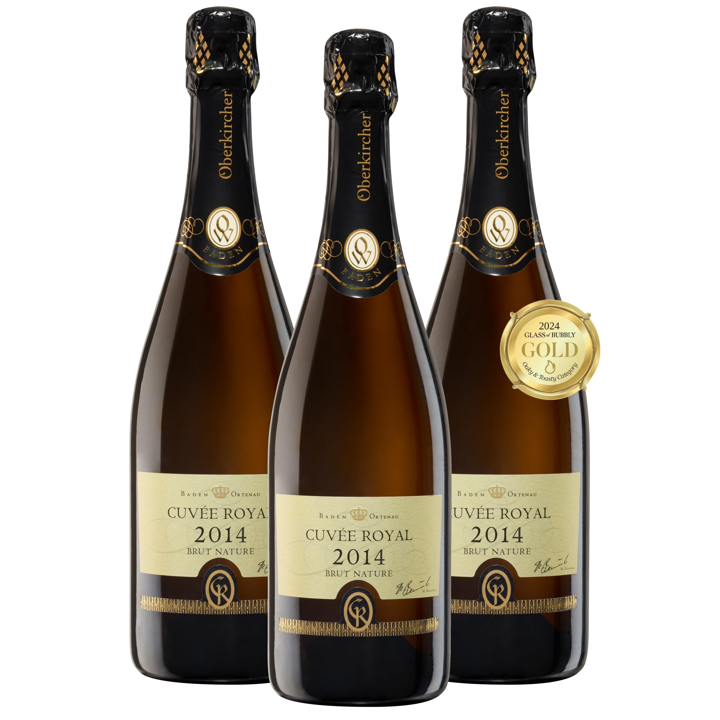 Oberkircher Winzer Cuvée Royal Sekt brut nature - GOLD Glass of Bubbly - COLLECTION ROYAL - fein würzig mit frischen Fruchtnoten - Badischer Sekt, Anbaugebiet Ortenau (3 x 0,75l)