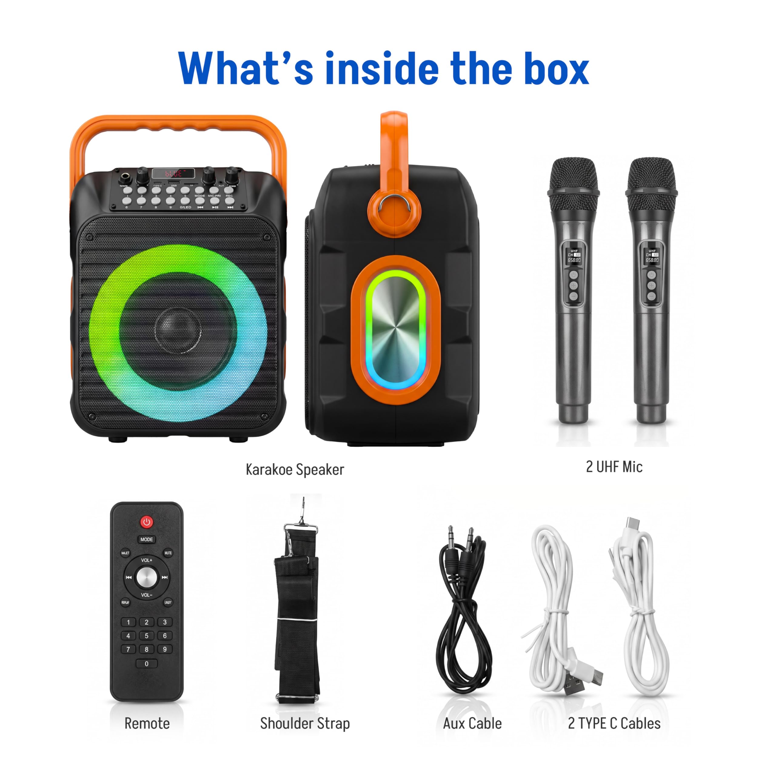 Karaoke-Maschine mit 2 wiederaufladbaren drahtlosen Mikrofonen, 30W Bluetooth 5.3 Lautsprecher, PA-System mit Bass/Treble/Echo, unterstützt USB/TF/AUX/TWS für Home Party