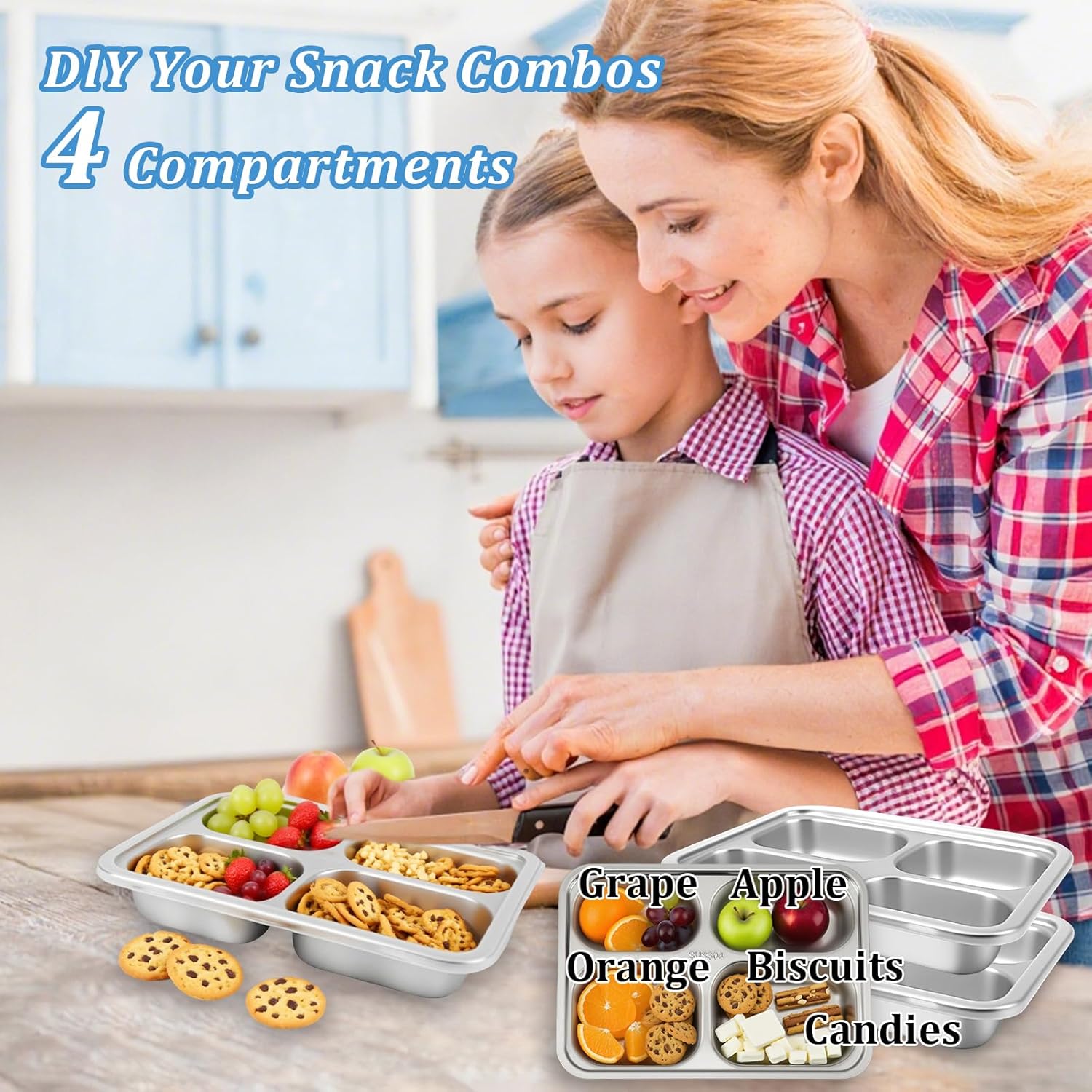3 Pack Snack Containers for Kids Adults - 4 Compartment Stainless Steel Containers with Lids, Lunch Box, Meal Prep Containers, Divided Stainless Steel Food Storage Boxes for School, Home, Travel - Image 2