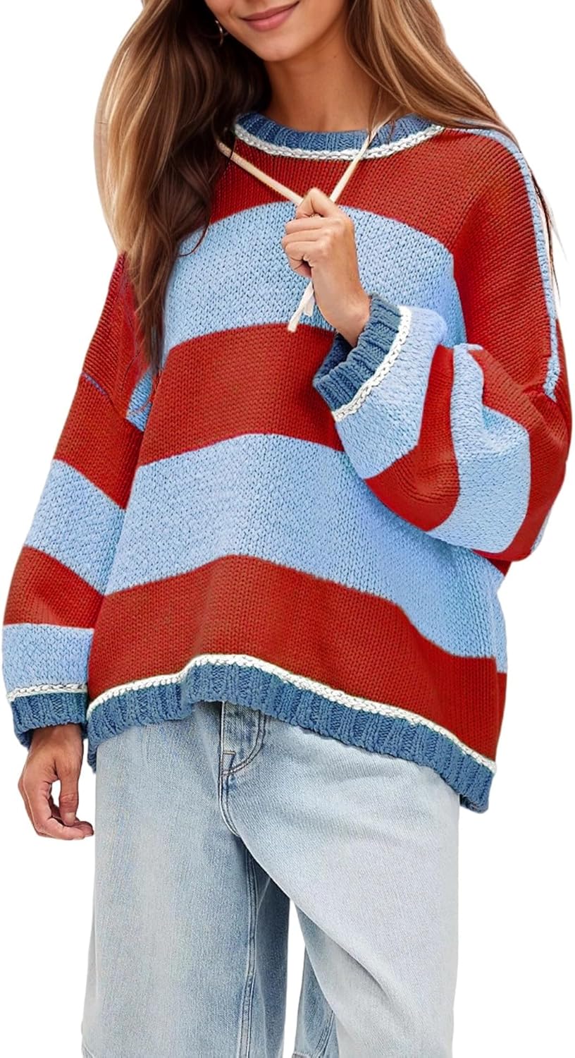 Women's Chunky Knit Striped Sweaters Casual Long Sleeve Crew Neck Oversized Pullover Sweater Winter Fall Spring Tops - Image 8