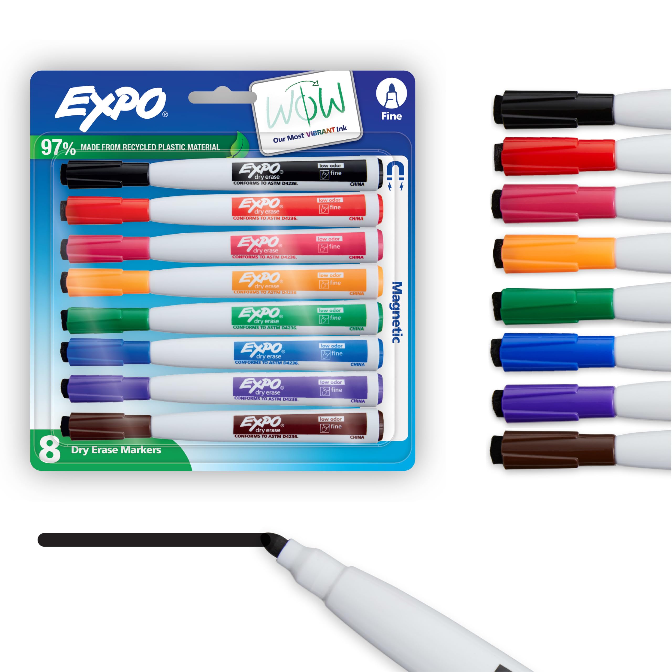 Expo Magnetic Dry Erase Markers with Eraser, Fine Tip, Assorted, 8 Count