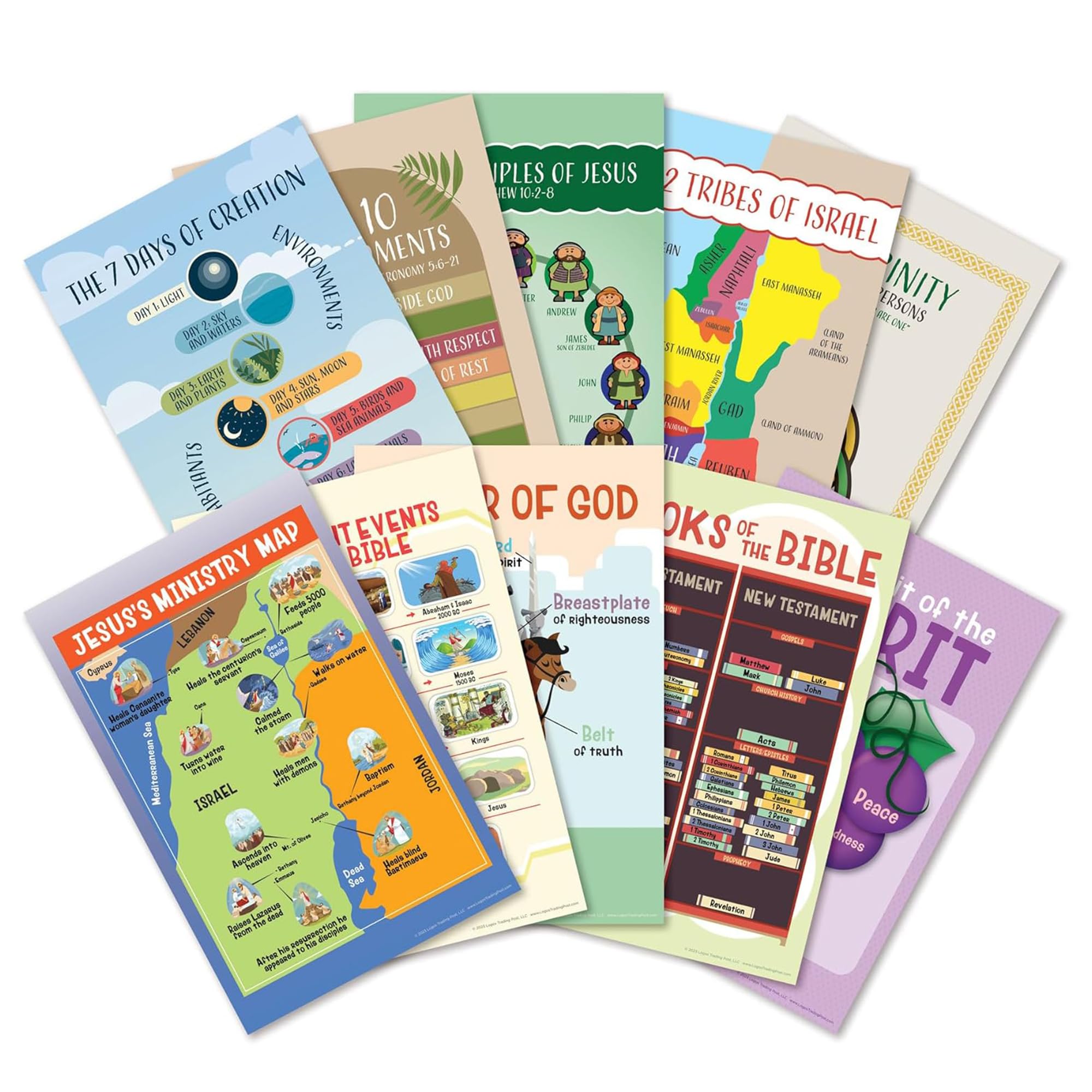 Poster della Bibbia per bambini, confezione da 10, 20,3 x 30,5 cm, assortiti laminati, poster per la scuola domenicale, per la scuola domenicale, decorazione per aule e asili nido della chiesa
