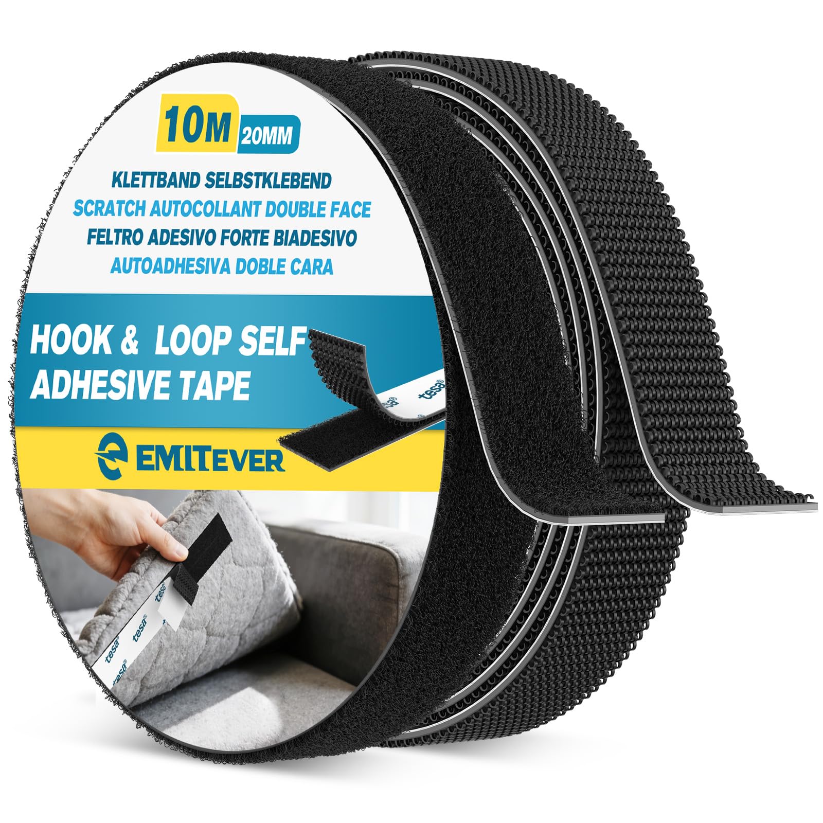 Emitever Hook and Loop Tape Heavy Duty, Multipurpose Strong Self Adhesive Double Sided Strip Sticky Back Mounting Tape, Black (20mm x 10m)