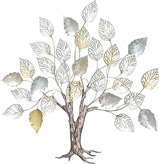 WHW Whole House Worlds Tree of Life Metal Wall Decor, Rustic Brown, Metallic Silver and Gold Gilt Details, Artisan Crafte...