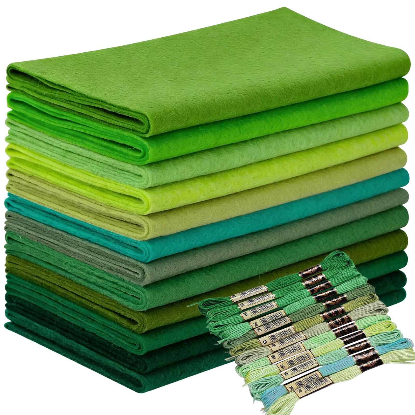 Wonninek 12Rolls Green Soft Felt Sheets for Sewing, 1.4mm Thick Green Series Felt Fabrics Pack with Embroidery Thread DIY Craft Sewing Nonwoven Patchwork - 20.5 x 90cm — image 1