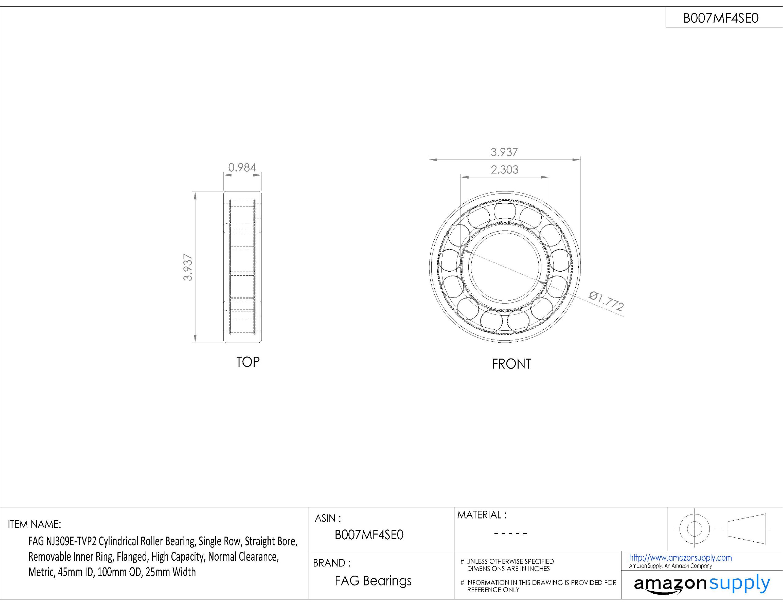 FAG Nj309e-tvp2 cylindrique Roulement à rouleaux, rangée simple, Alésage, Bague intérieure amovible, Flanged droite, haute capacité, espace Normal, métrique, 45 mm ID, 100 mm OD, 25 mm de largeur