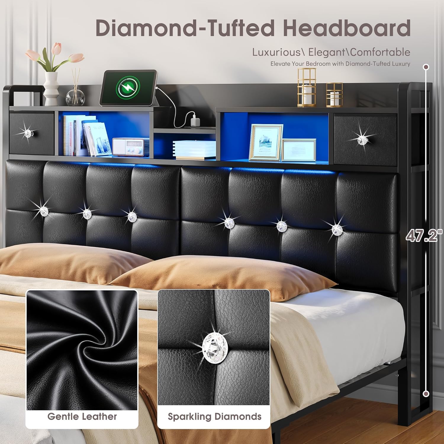King Size Bed Frame and Hidden Storage Headboard & 4 Drawers,Diamond-Tufted Upholstered Leather King Platform Bed Frame with LED Lights & Charging Station,No Box Spring Needed,Modern Black