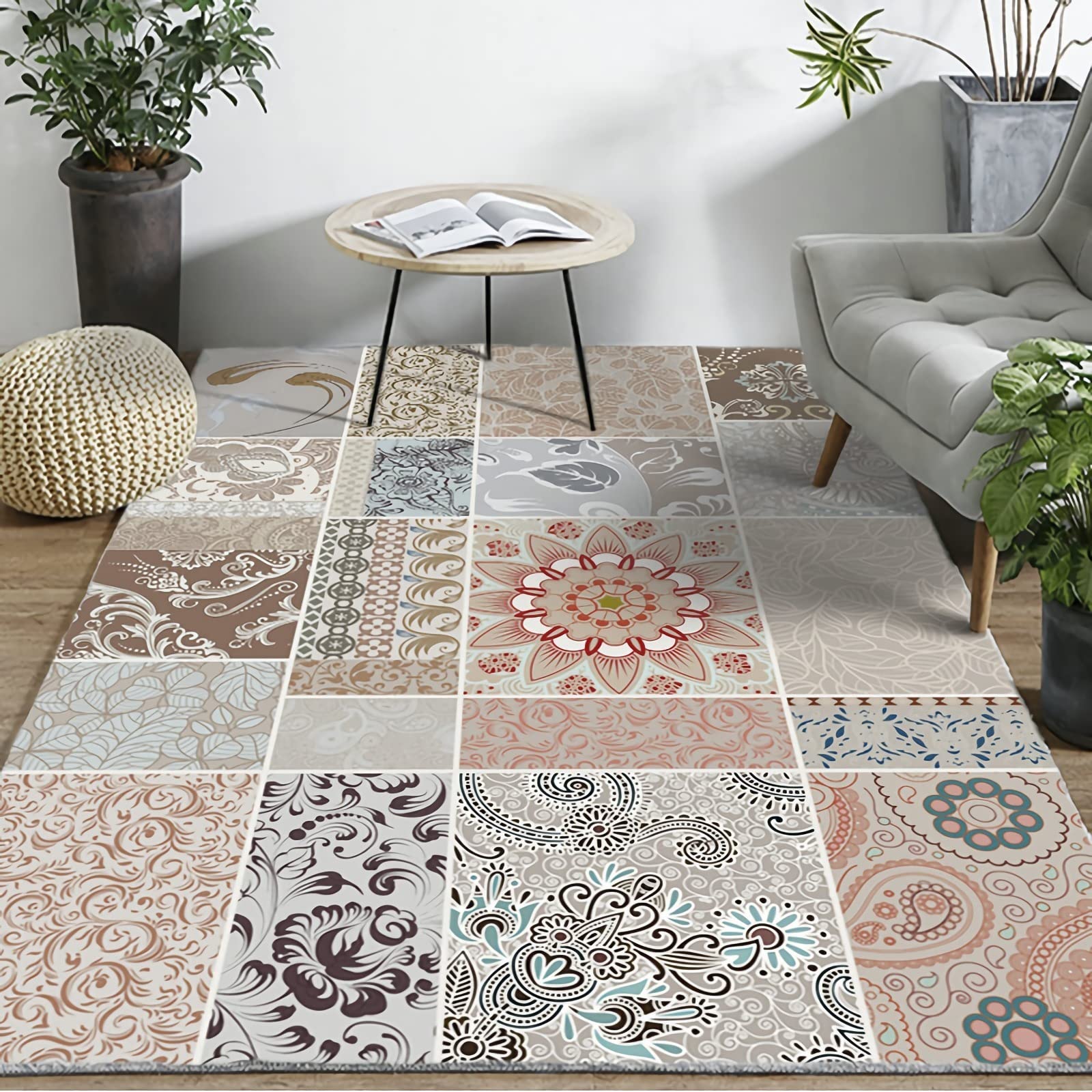 Tapis Tapis Chambre Garcon Motif Floral rétro à Carreaux géométriques Rouge Bleu Marron Chambre Adulte Moderne Tapis Tapis Chambre ado Garcon 60x90cm