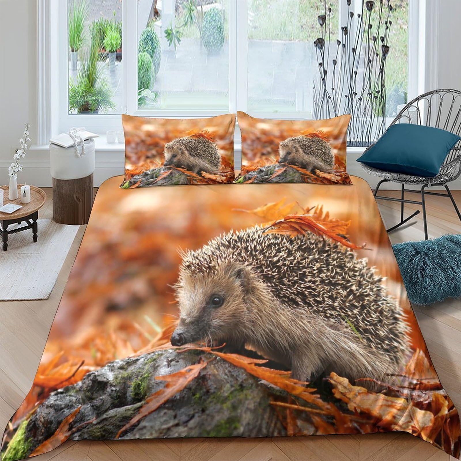 Ctjqhvkz Style-10 3D Printed Hedgehog Autumn Leaves Fitted Sheet Microfiber Soft Non-Slip Bed Cover For Bedroom Dorm Mattress Decor Single（135X200cm）