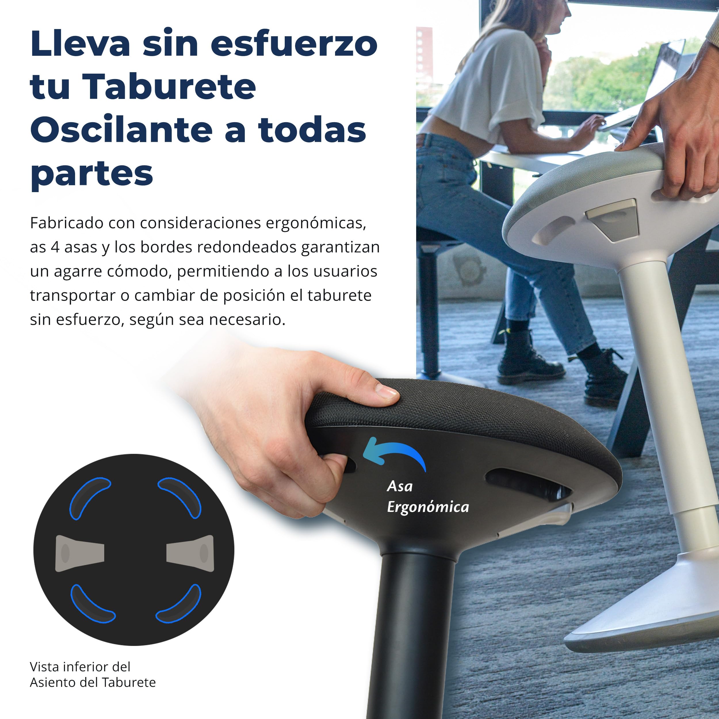 Backerz Taburete Silla Escritorio - Silla Oficina Ergonómica con Altura Regulable de 55 a 80 cm - Taburete Silla Ergonómica con Efecto Columpio Revestido con Tela Repelente al Agua, Negro Mate
