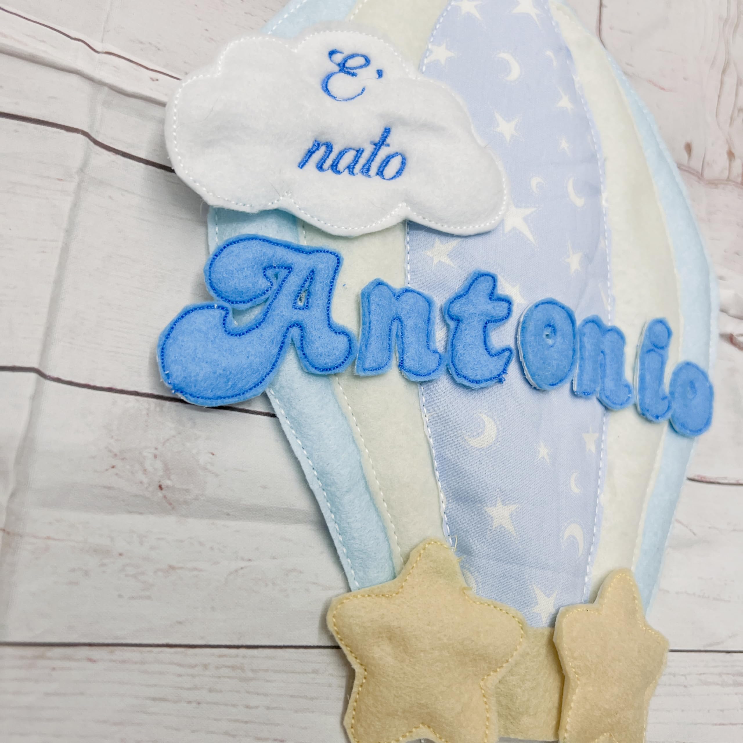 Fiocco nascita con nome | coccarda benvenuto bimbo bimba | mongolfiera leone | 45 centimetri