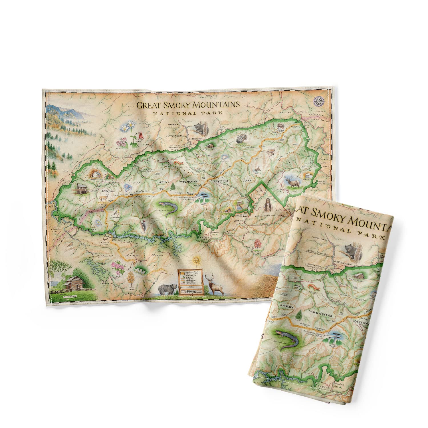 Paño de cocina de algodón 100% ilustrado con el mapa de Great Smoky Mountains