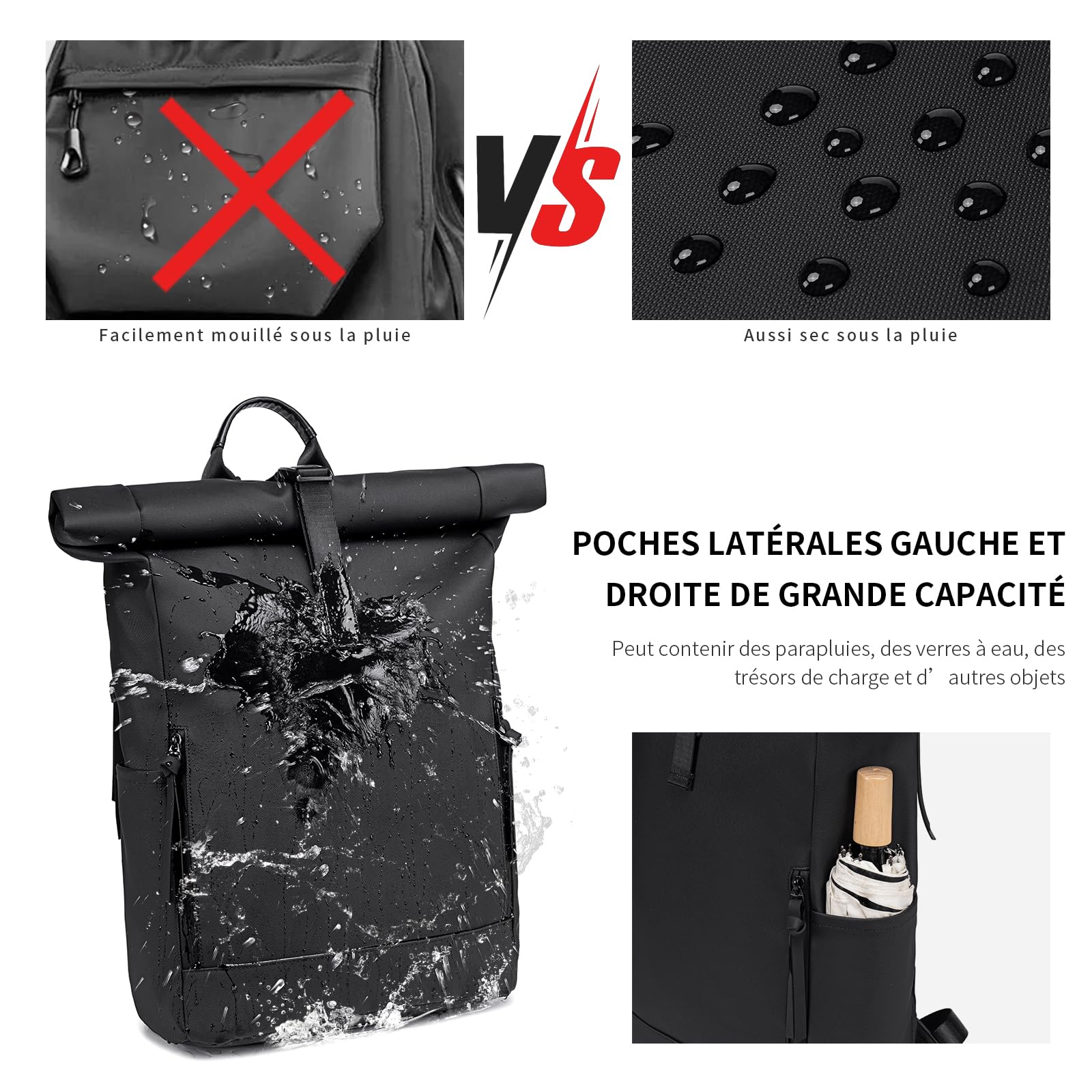 Sac à Dos Roll top Femme Ordinateur Noir Grand Sac a Dos Homme et Femme Travail Extensible Sac a Dos PC Ordinateur Portable Bagage à main 17.3 Pouces pour Randonnée Voyage Cyclisme Universit