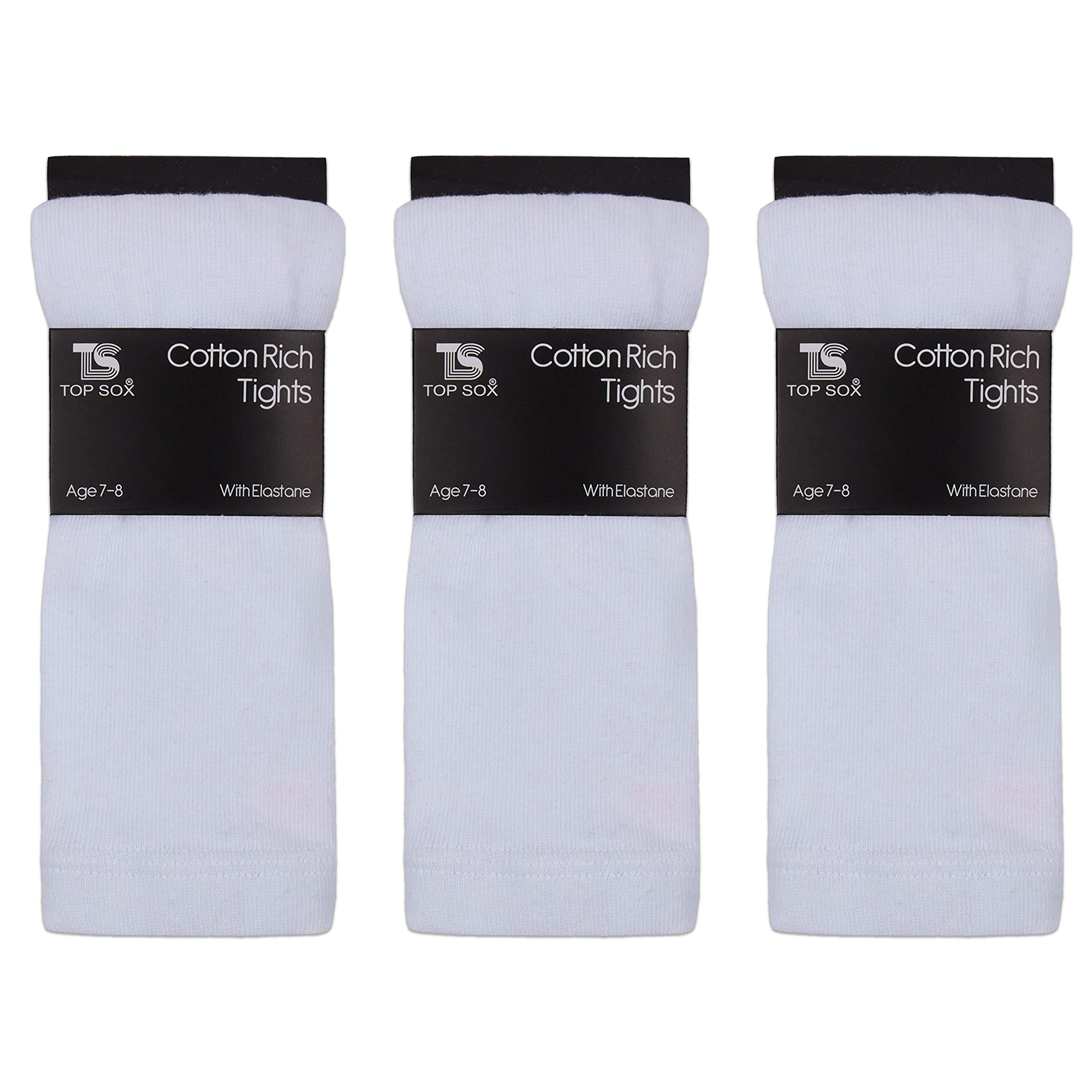 Girls Childrens 3 Pairs Plain Tights Back To School Everyday Cotton Rich Leggings White 13