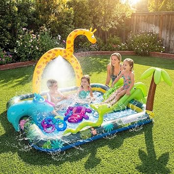Inflatable Jungle Animal Play Center, Inflatable Water Park Kiddie Pool with Slide, Water Sprayer for Summer Outdoor Splash, Backyard and Garden 102.5 x75 x 54.5