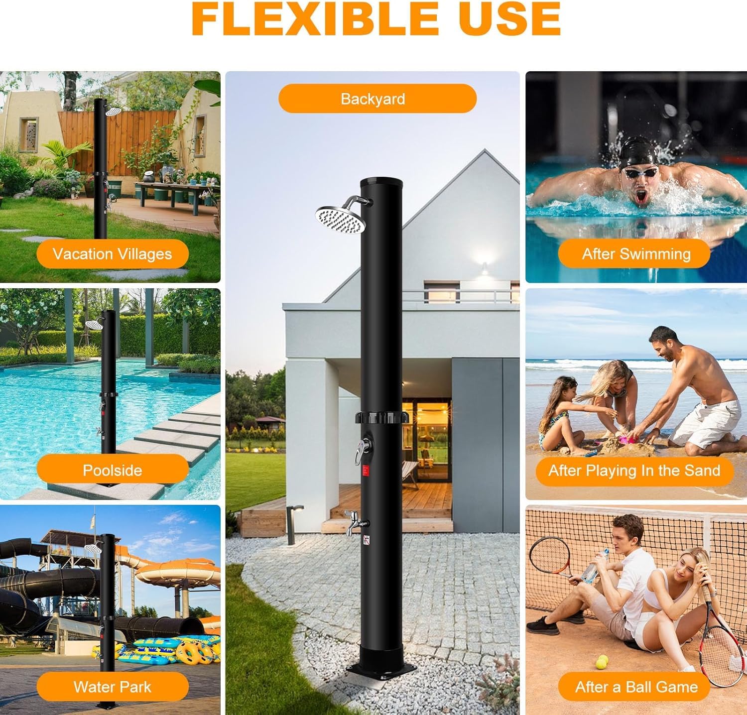 Solardusche 35 Liter, Gartendusche Solar mit Schutzhülle, 360° Regenduschkopf, Fußdusche, Mischbatterie, Gartenschlauchanschluss, Pooldusche für Garten, Pool und Terrasse, Schwarz
