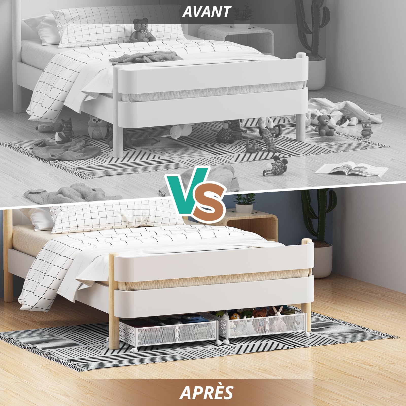 Lot de 2 Boîtes de Rangement sous le Lit avec Roulettes,en Métal,Blanc | Montage sans outil,glisse en douceur,accès facile,pour les lits bas-garde les vêtements,chaussures et chaussettes au frais