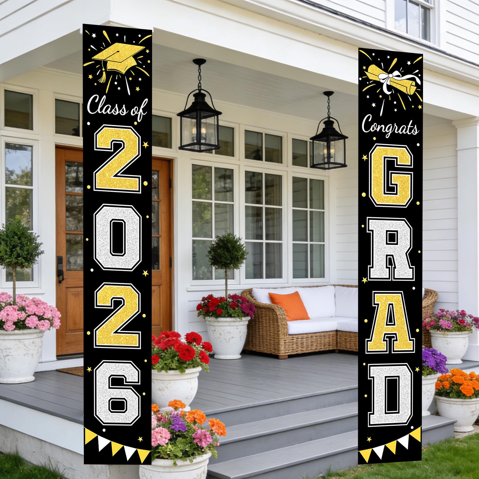 Graduation Decorations 2026 GRAD Banner | Black Porch Door Sign Welcome Banner | Indoor Outdoor Wall Graduation Decorations Class of 2026 (Black & Gold)