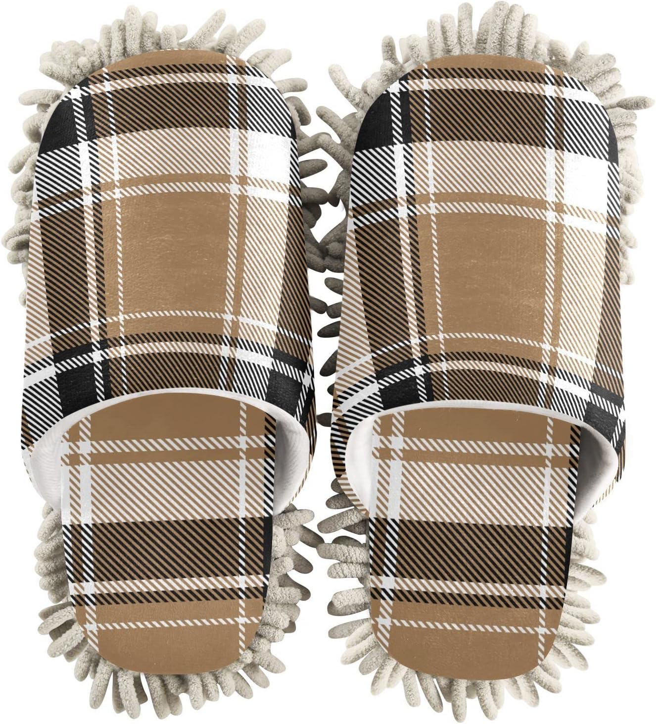 KigaiMicrofiber Cleaning Slippers Brown Plaid Washable Mop Shoes Slipper for Men/Women House Floor Dust Cleaner, Size M