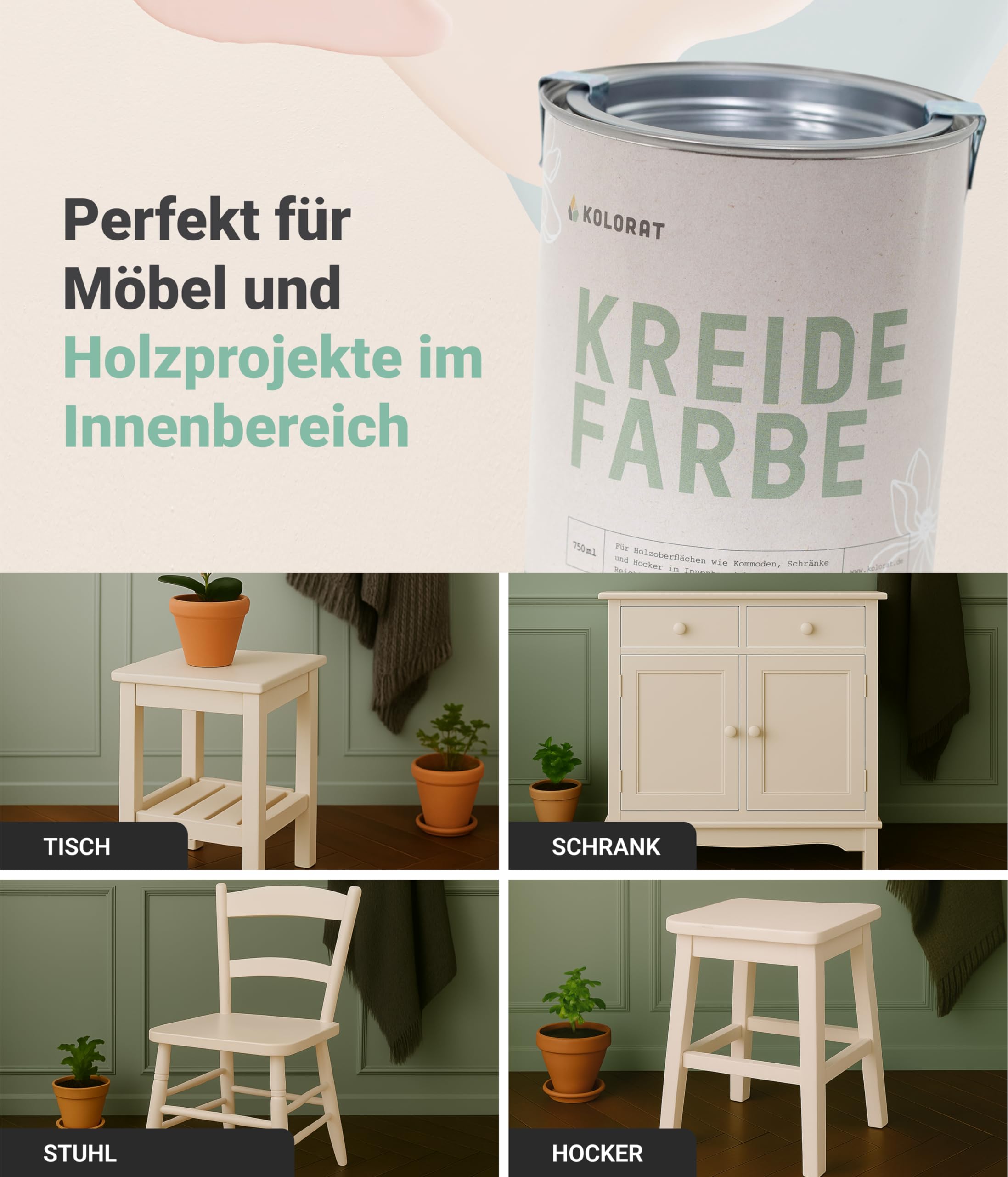 Kolorat® Kreidefarbe für Möbel weiß – 750 ml Holzfarbe – Flüsterton Nr. 101, matter Lack für Möbel innen – Hochdeckend & umweltfreundlich – DIN EN 71-3 geprüft – Made in Germany