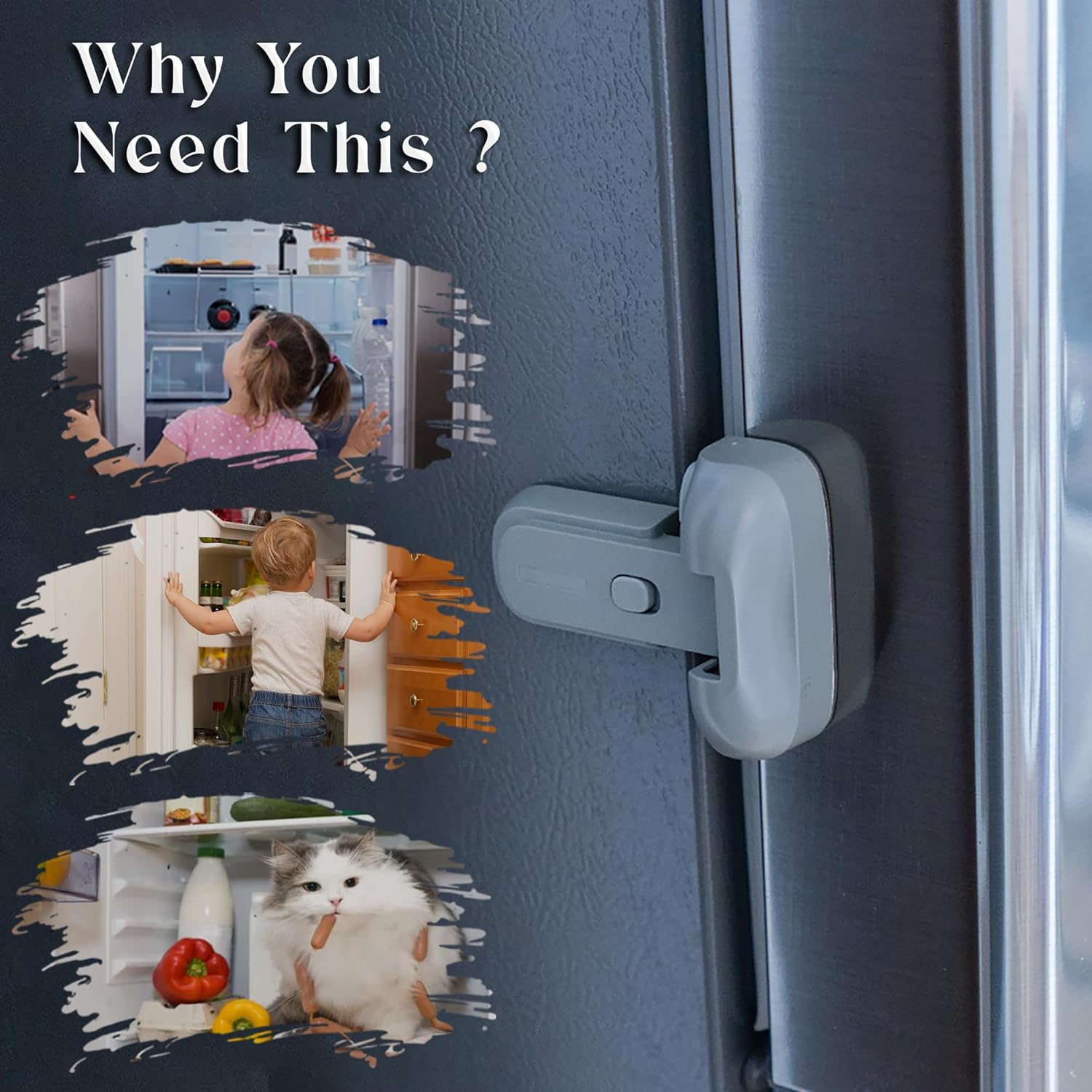 Refrigerator Lock for Kids | Freezer door latches | Child Proof Fridge Latch to Keep Door Closed - for Toddlers, Cats, & Dogs (Gray)