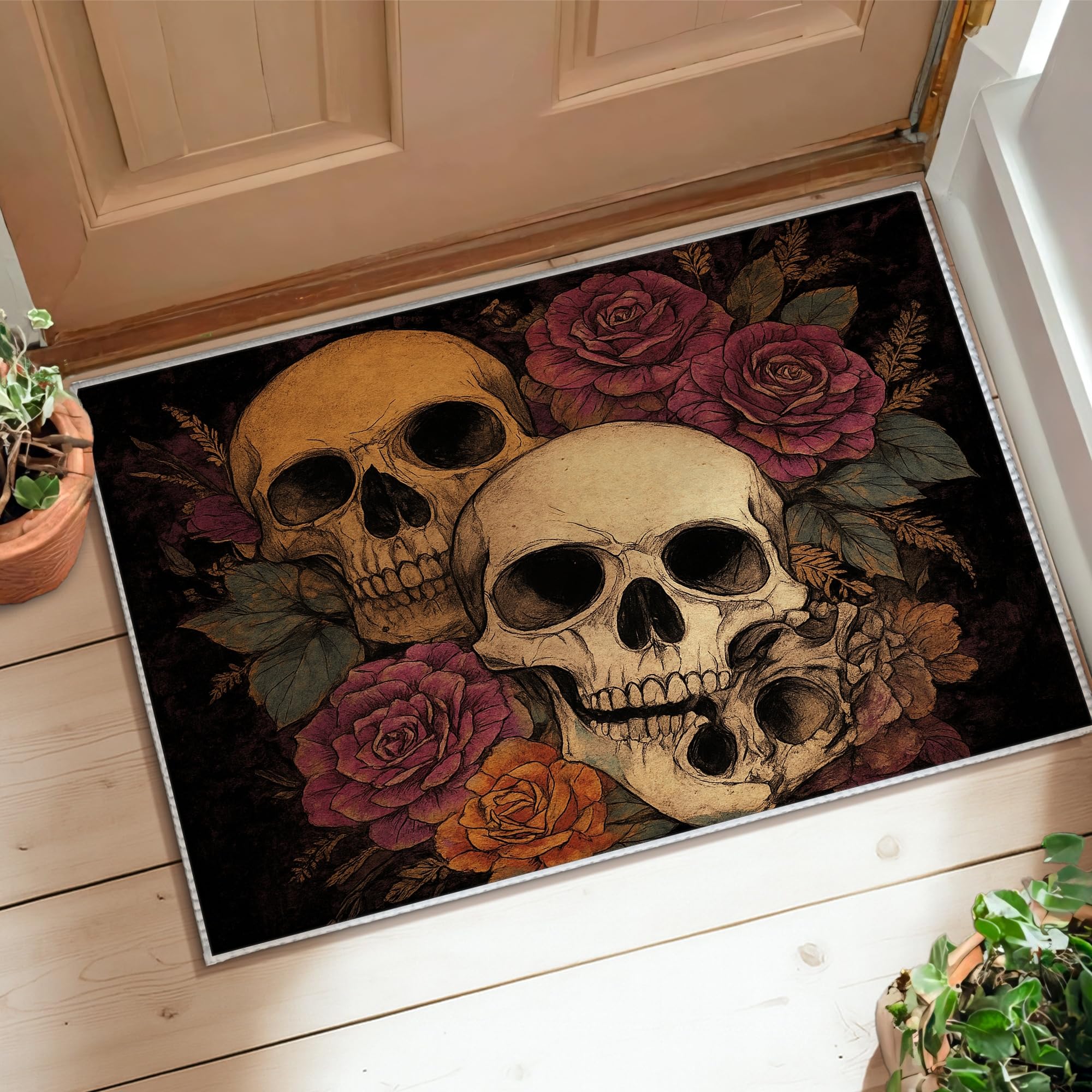 Tapis gothique vintage tête de mort en velours noir d'intérieur antidérapant