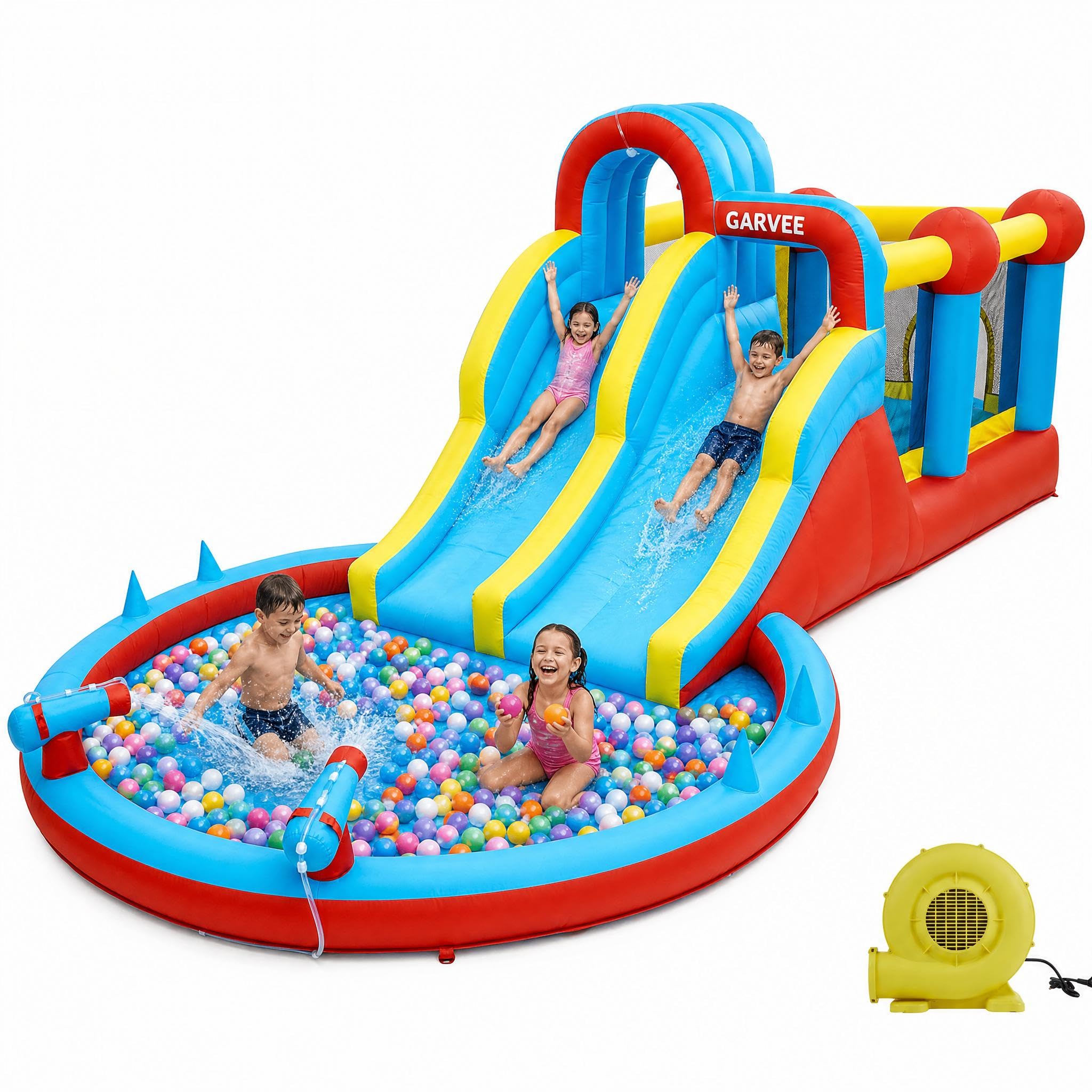 Castello Gonfiabile XXL 8-in-1 per Bambini – Doppio Scivolo d’Acqua, Piscina Grandezza, Arrampicata, Cannoni e Giochi ad Anello, Blower 550W, Oxford Resistente, Interni/Esterni – 26001