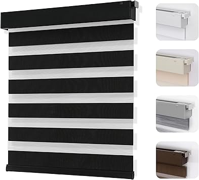 Joydeco No Drill Zebra Blinds for Windows, Cordless Dual-Layer Privacy Zebra Shades for Indoor Windows, Easy to Install, Light Filtering Sheer Blinds for Home (Black,Custom Size)