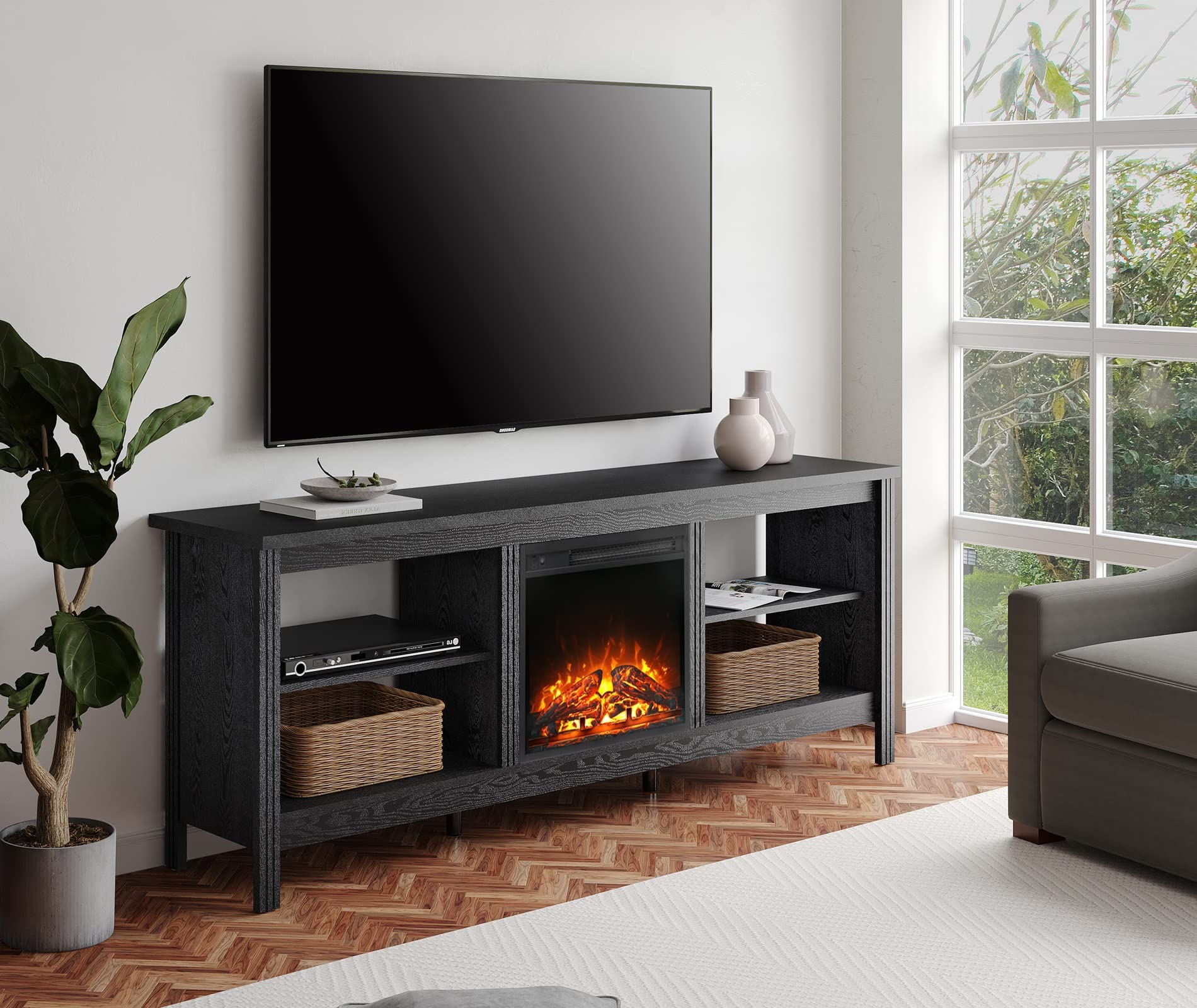 Amazon.com: WAMPAT Fireplace TV Stand for 75 Inch TV, Entertainment Center  with 4 Storage Shelf, Wood TV Console Table with Electric Fireplace, Television  Stands for Living Room Bedroom, Black, 70 Inch :