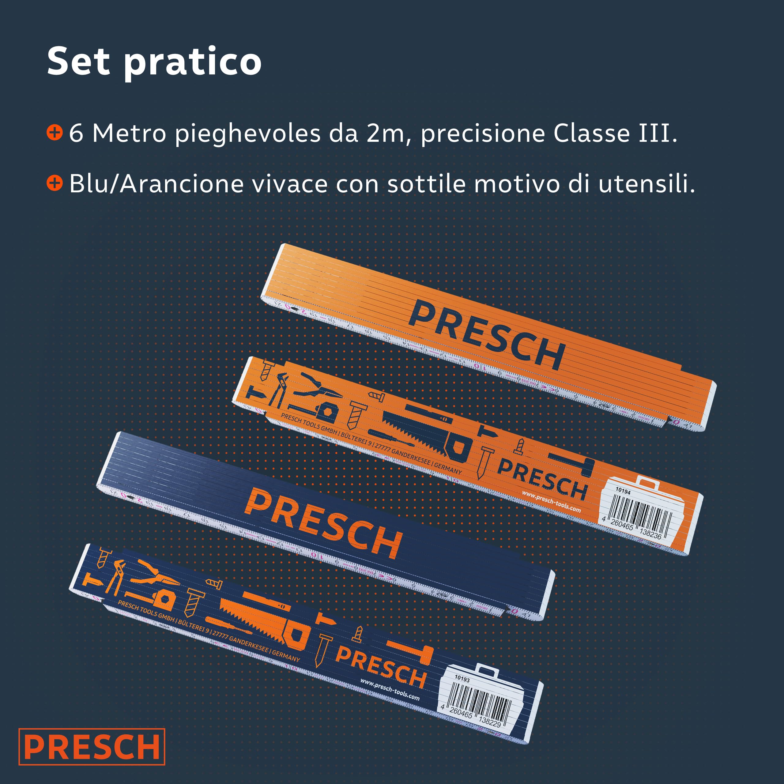 Presch Set di Metri pieghevole da 2 metri con scala degli angoli | 6 pz. | Legno | Arancione/Blu | Numeri grandi e facilmente leggibili | Incastro preciso | Metro legno pieghevole, metro righello