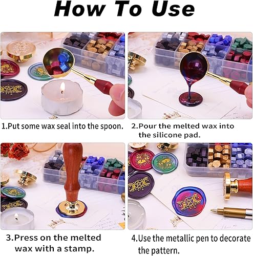 Miniatura 6 de SWANGSA Kit de sellado de cera, sello de flores 3D con 200 cuentas de cera de sellado, ideal para adornar invitaciones de boda, paquetes de vino,