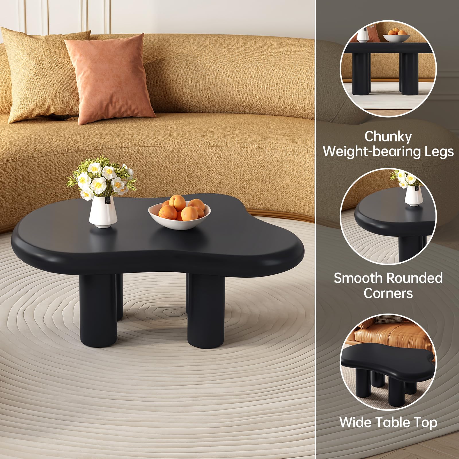 Moderna mesa de centro Cloud-Sd Nordic Sle Irregular con Eds redondeados Escultural Mesa de centro baja para sala de estar para decoración del hogar (negro)