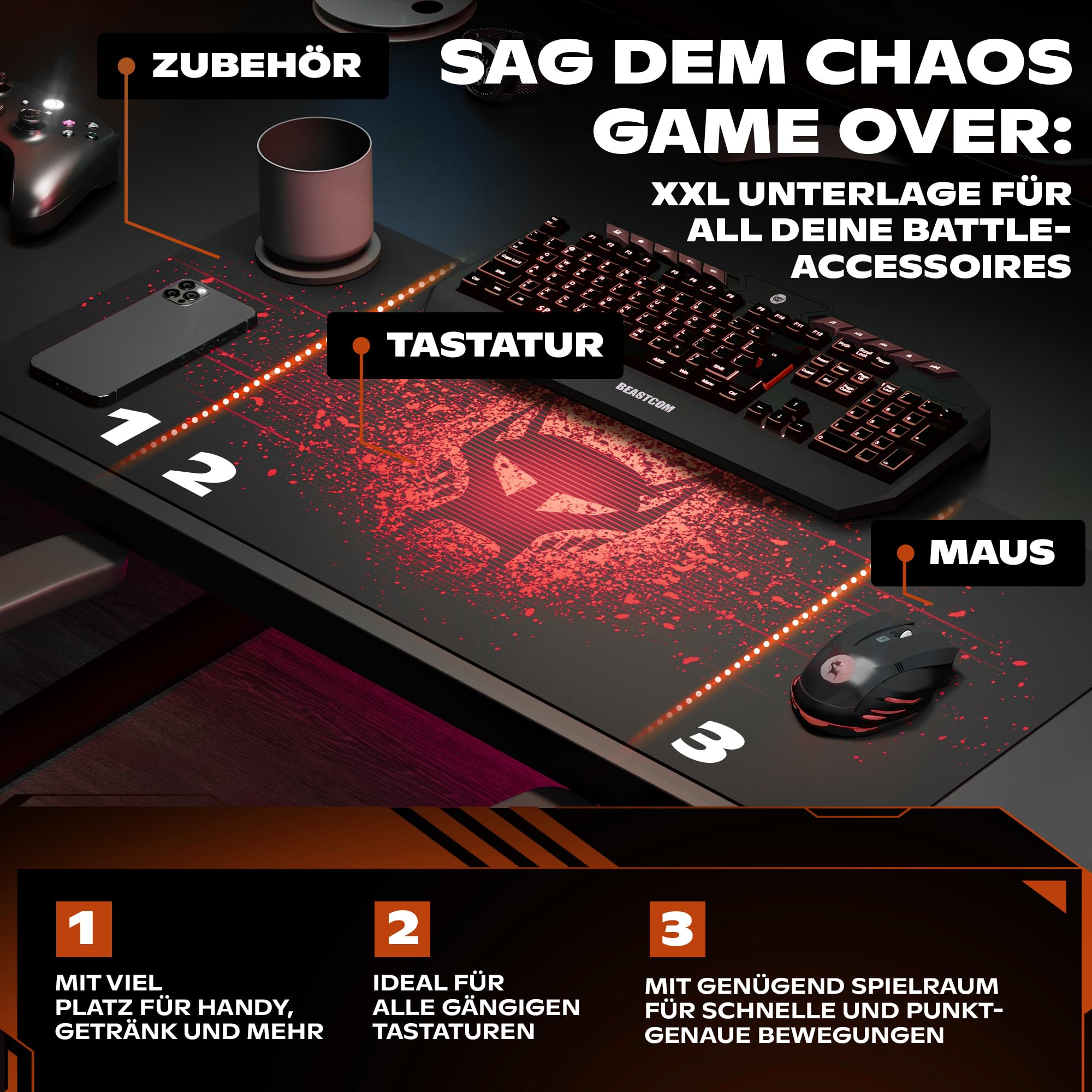 BEASTCOM Hero X2000R - Tappetino per mouse da gaming, colore rosso, XL (900 x 400 mm), base in gomma antiscivolo, facile da scivolare, materiali ecologici, bordi senza cuciture, sottomano da scrivania