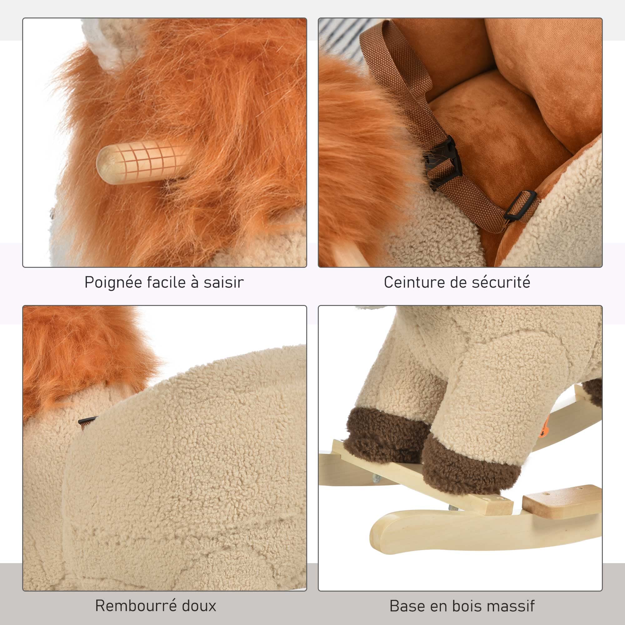 HOMCOM Cheval à Bascule Lion Musical Selle Confort Peluche Douce Enfants 18-36 Mois Bois Peuplier Marron 68x35x50 cm