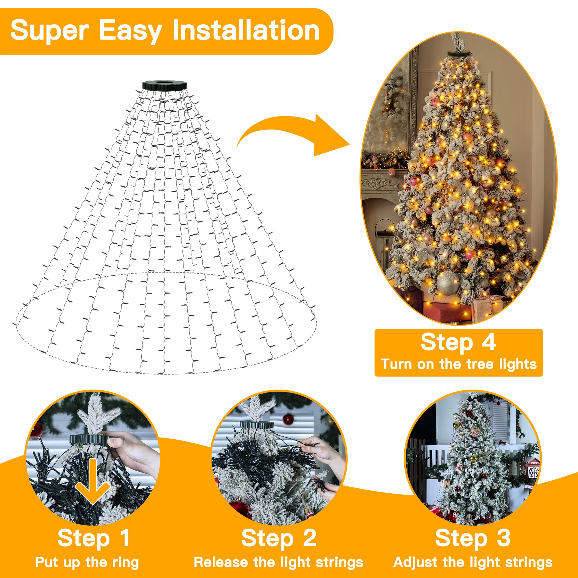 Ollny Christmas Tree Lights 8.2ft*16 Strings with Ring, 8 Lighting Modes 3 Timers Dimmable Christmas Lights Indoor/Outdoor with Remote, Waterproof for Xmas Decor (Warm White)