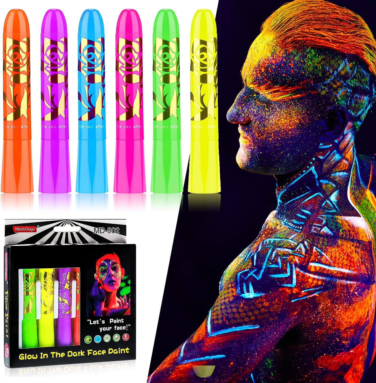Luminous Face Paint Crayons,Washable,Halloween Making Up,Non Toxic Fluorescent Body Markers