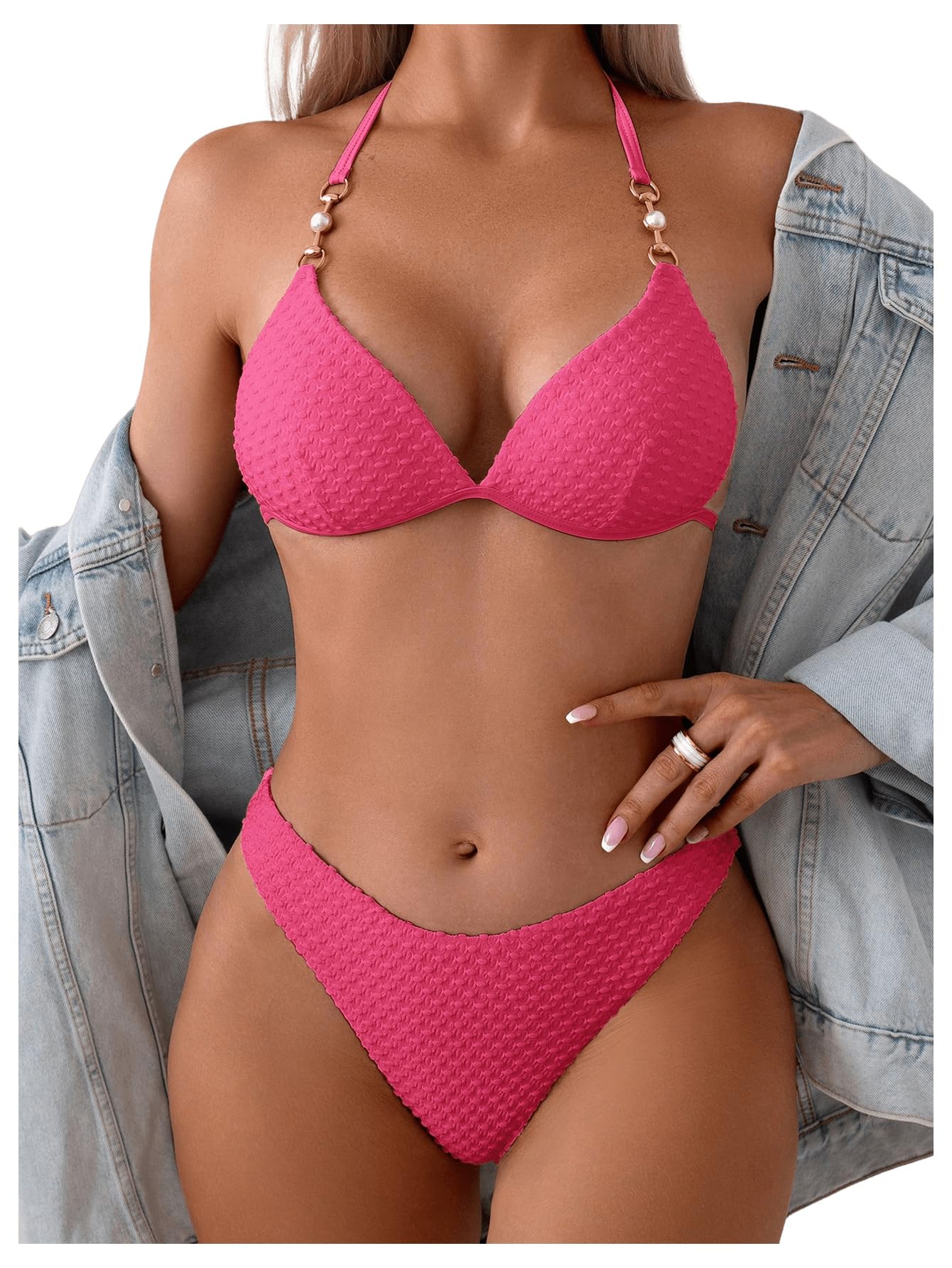 GORGLITTER Bikini damski zestaw z łańcuszkami, wiązane na szyi, trójkąt, bikini, seksowny, dwuczęściowy kostium kąpielowy z perłami, moda kąpielowa