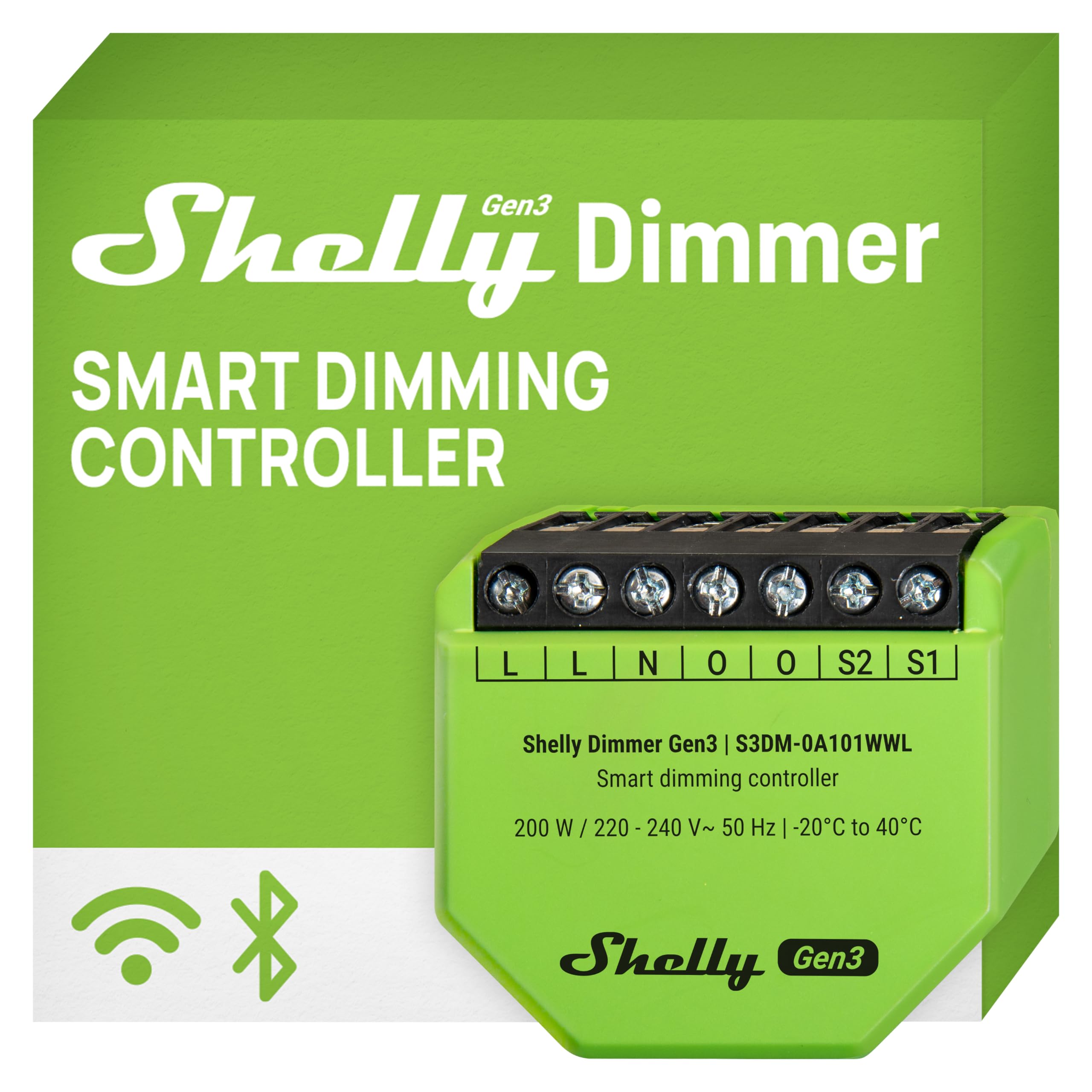 Shelly Shelly Dimmer Gen3 - Variateur de lumière connecté, Gradateur Wi-Fi LED (150W), Incadescents, Halogènes (200W), Neutre non requis, Contrôle à distance app, Compatible Alexa, Google Home, SmartThings